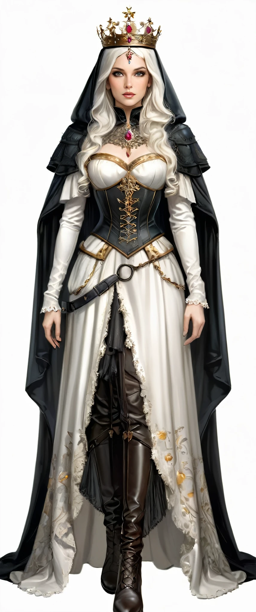 ((Masterpiece, white background)) full body of a woman in a dress with a veil, feet together, standing feet together, military boots, beautiful fantasy maiden slave warrior, beautiful fantasy art portrait, fantasy victorian art, medieval fantasy art, beautiful and elegant queen, portrait of queen of light, fantasy portrait art, gothic fantasy art, a beautiful fantasy empress, hands on hips