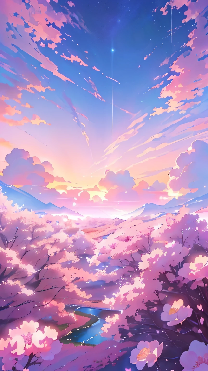 Anime wallpaper with pink flowers and sunset, Fluffy pink anime clouds, Anime beautiful peaceful scene, Anime Background, Beautiful anime scene, Anime Background art, Beautiful anime scenery, Paradise pink, Dream scene, background is heavenly, anime sky, background artwork, Gorgeous background, Beautiful aesthetic art, Anime Landscape Wallpaper, Beautiful background, Beautiful Ambience, Pink Landscape, The most beautiful scene