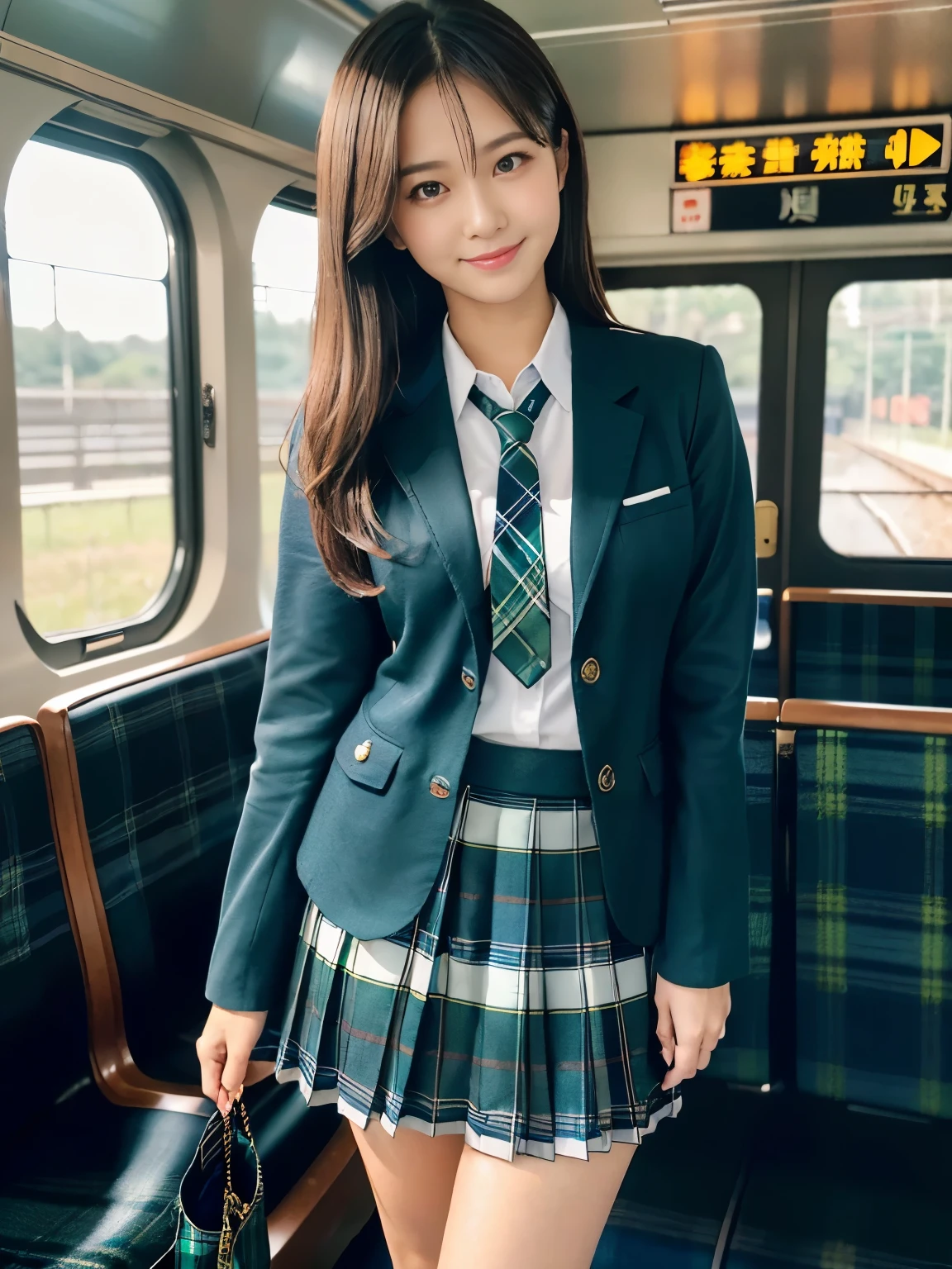 Sexy and cute look and cute -yeld beiful girl, masterpiece、highest quality、High resolution、Realistic、Bright lighting、Professional Lighting、Face Light、Smooth lighting、Cute school giformed girl、美しい and sexy face、(A dark blue blazer with an emblem on the left chest)、(White blouse)、(Dark green casual tie)、(((Dark blue and dark green tartan check skirt)))、(((Dark blue short socks)))、Brown leather shoes、Brown Loafers、Brown moderate hair、so beautiful、Beautiful Skin、Beautiful and detailed、Detailed face、Brown eyes、Beautiful legs、Standing on the train、smile、Full Body Shot、E cup breasts、Beautiful thighs、Clean calves、looking at viewer、