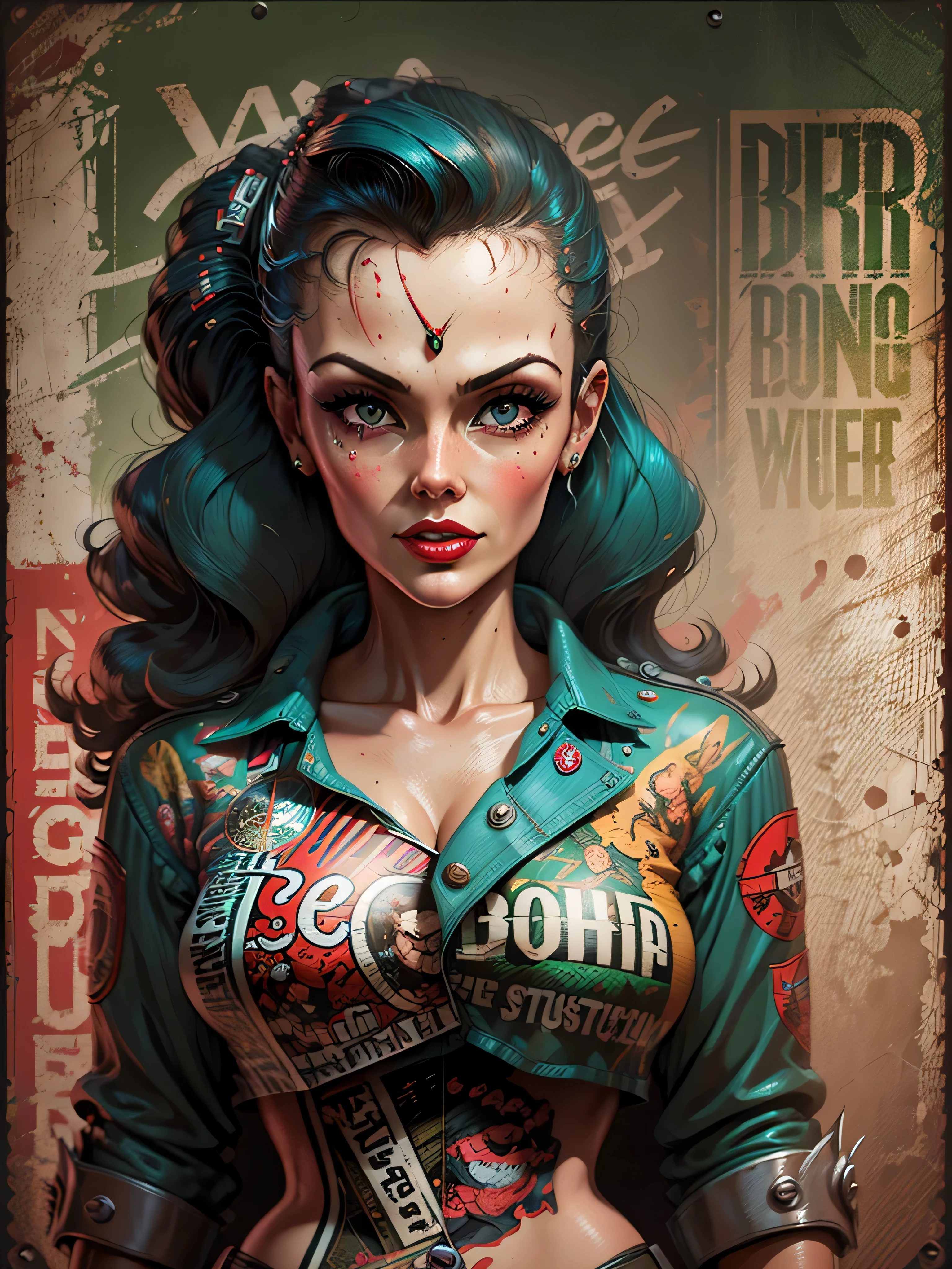 there is a poster of a woman (Jesica Alba :1.1) red lips, green eyes, on a motorcycle with a banner, pin-up poster girl, glossy old advertising poster, pin up style poster, poster vintage, vintage poster style, vintage look, pinup art, by Bob Ringwood, great detail, beautiful retro art, brilliant detail, pin-up, pin - up, garage, pin up, by Steve Argyle