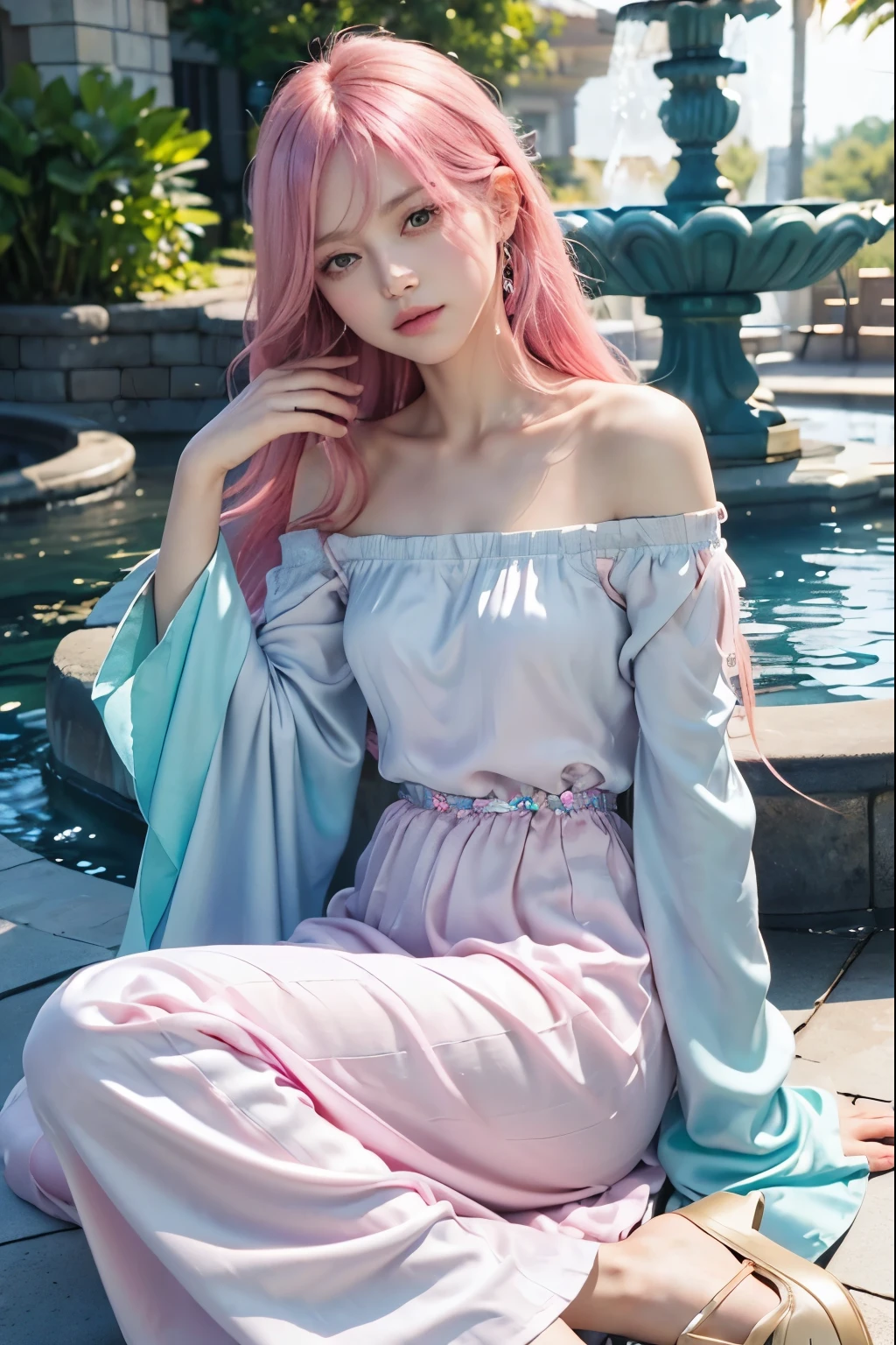 (8K, top-quality, masterpiece:1.2), (reallistic, Photorealsitic:1.37), Super Detail, One girl,), (Highly detailed), (beautifully detailed eyes), (of the highest quality), (super detailed ), (masterpiece), (Detailed face),20yr old, ,1 girl, ((pink hair,long hair)), medium breasts, clothed, Perfect Lighting, BREAK,
(silky long gown:1.3), watercolors, (gradient blues:1.2), (soft pink trim:1.2), (off-shoulder blouse:1.2), flared cuffs, (light green:1.2), (wide-leg pants:1.2), linen, (aqua blue:1.2), relaxed silhouette, (embroidery:1.1), freshwater pearls, (silk socks:1.1), yellow, (flat shoes:1.2), aqua blue satin, crystals, BRAKE,
(upper body to knees:1.2), (long wavy hair:1.2), (side-parted bangs:1.1), (soft smile:1.2), (face slightly turned:1.2), (twisted pose:1.2), (raised sleeve:1.2), (hand on knee:1.1), (fantasy fountain:1.3), (watercolors:1.2), (gentle lighting:1.2), BRAKE