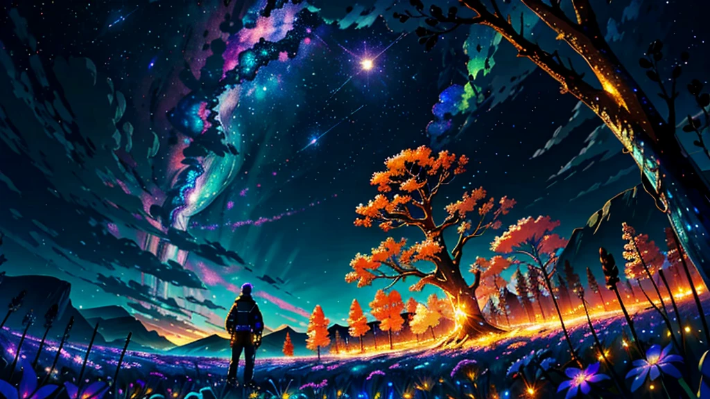 Vast landscape photography, (A view from below of the sky and wilderness below),  Standing in a flower garden and looking up, (full moon: 1.2), (shooting star: 0.9), (nebula: 1.3), Distant Mountain, Treebreak Production Art, (Warm light source: 1.2), (fire Fly: 1.2), lamp, Purple and Orange, Intricate details, Volumetric Lighting Break (masterpiece: 1.2), (highest quality ), 4K, Very detailed, (moving composition: 1.4), Extremely detailed and colorful (Iridescent: 1.2), (Sparkling Lights, Atmospheric lighting), dream-like, Magic, (alone: 1.2)