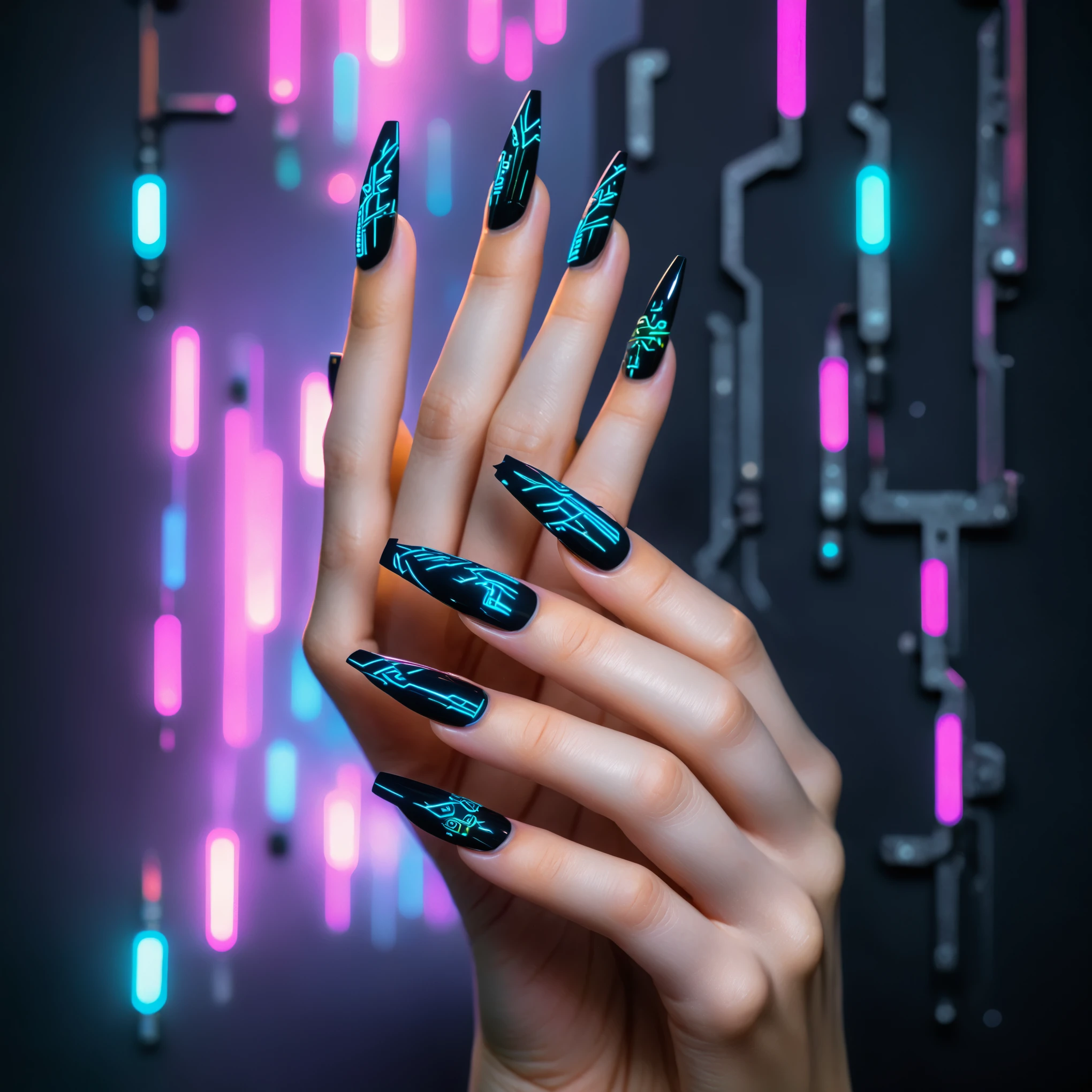 (top-quality, 8K, masterpiece:1.3) A close-up photo of cyberpunk-inspired nails art featuring holographic circuit patterns and neon accents, with a matte black base and glowing LED elements, taken with a macro lens, highly detailed, showcasing intricate cybernetic nail designs.