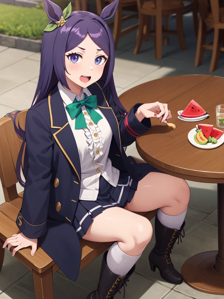 1girl,solo,table,stool,sitting,on chair,eating,watermelon,looking at viewer,open mouth,gluttony,mejiro mcqueen \(umamusume\),green bowtie,armband,long sleeves,frilled sleeves,frills,striped shirt,black coat,pleated skirt,black skirt,kneehighs,lace-up boots,cross-laced footwear