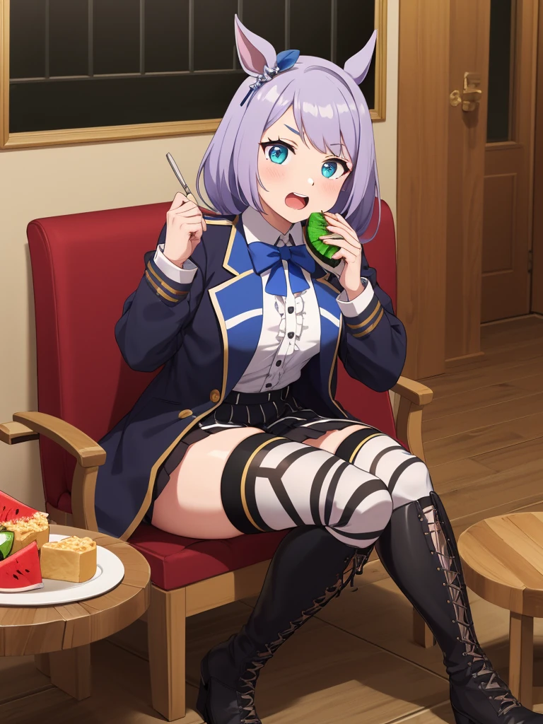 1girl,solo,table,stool,sitting,on chair,eating,watermelon,looking at viewer,open mouth,gluttony,mejiro mcqueen \(umamusume\),green bowtie,armband,long sleeves,frilled sleeves,frills,striped shirt,black coat,pleated skirt,black skirt,kneehighs,lace-up boots,cross-laced footwear
