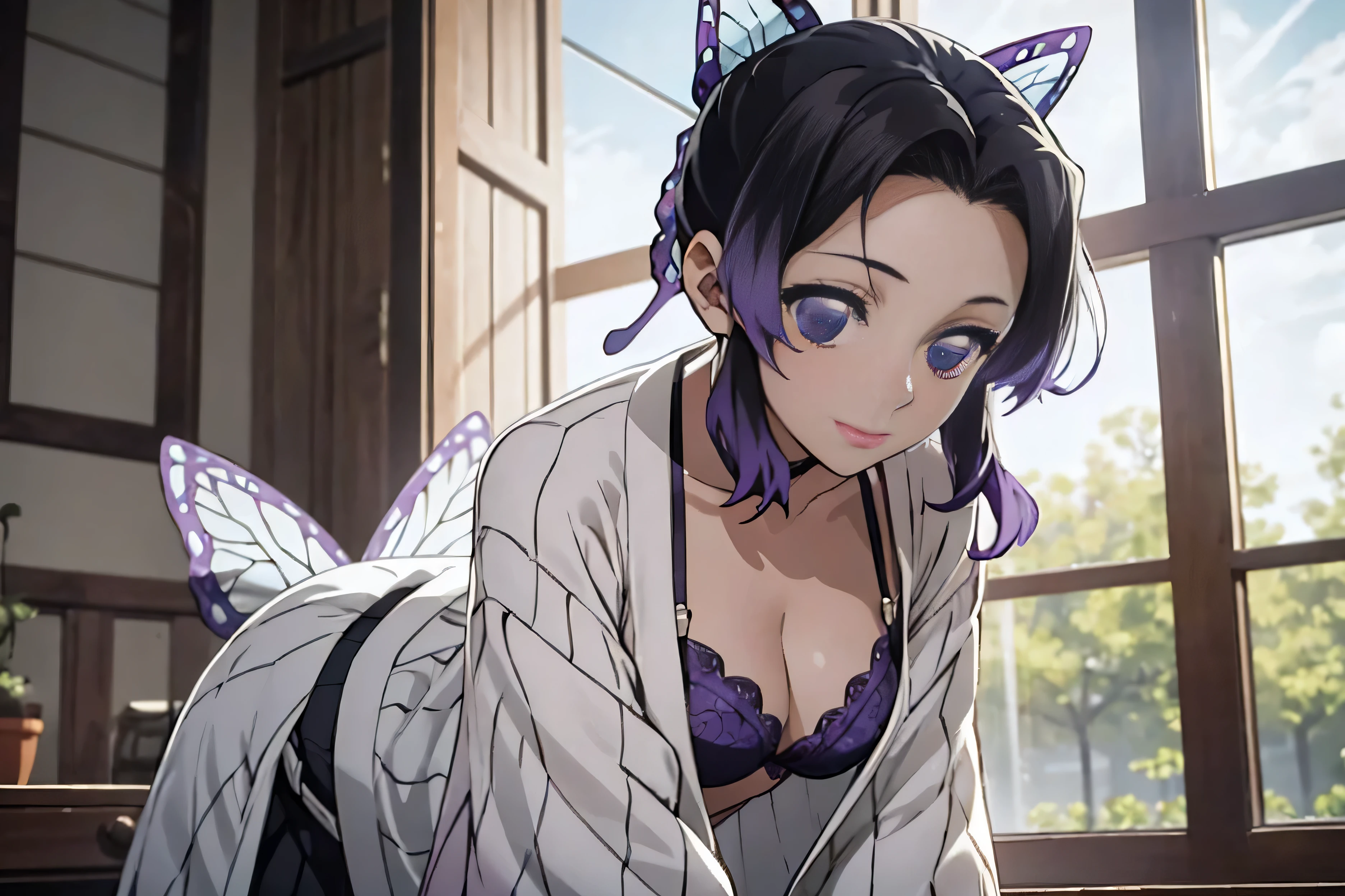 masterpiece,Highly detailed background,Delicate pattern，The finest craftsmanship and attention to detail, Highly detailed face，Highly detailed eyes and face，Very beautiful eyes，kochou shinobu,Colorful Hair，No bangs，Hair intake，Purple eyes，Haori，butterfly，（Topical Garden：1.2），Purple Flower，Almost Cloudy Porn，Light of the sun，Tyndall effect，Sabre on waist，Seductive posture,Medium chest,Cowboy Shot, Are standing, Blurred background, Undressing, Change of clothes, Open Haori, Taking off Haori, Black Bra, Pure White Panties, window, Medium chest, Mouth closed, sunlight, Lips parted, Backlight, whole body