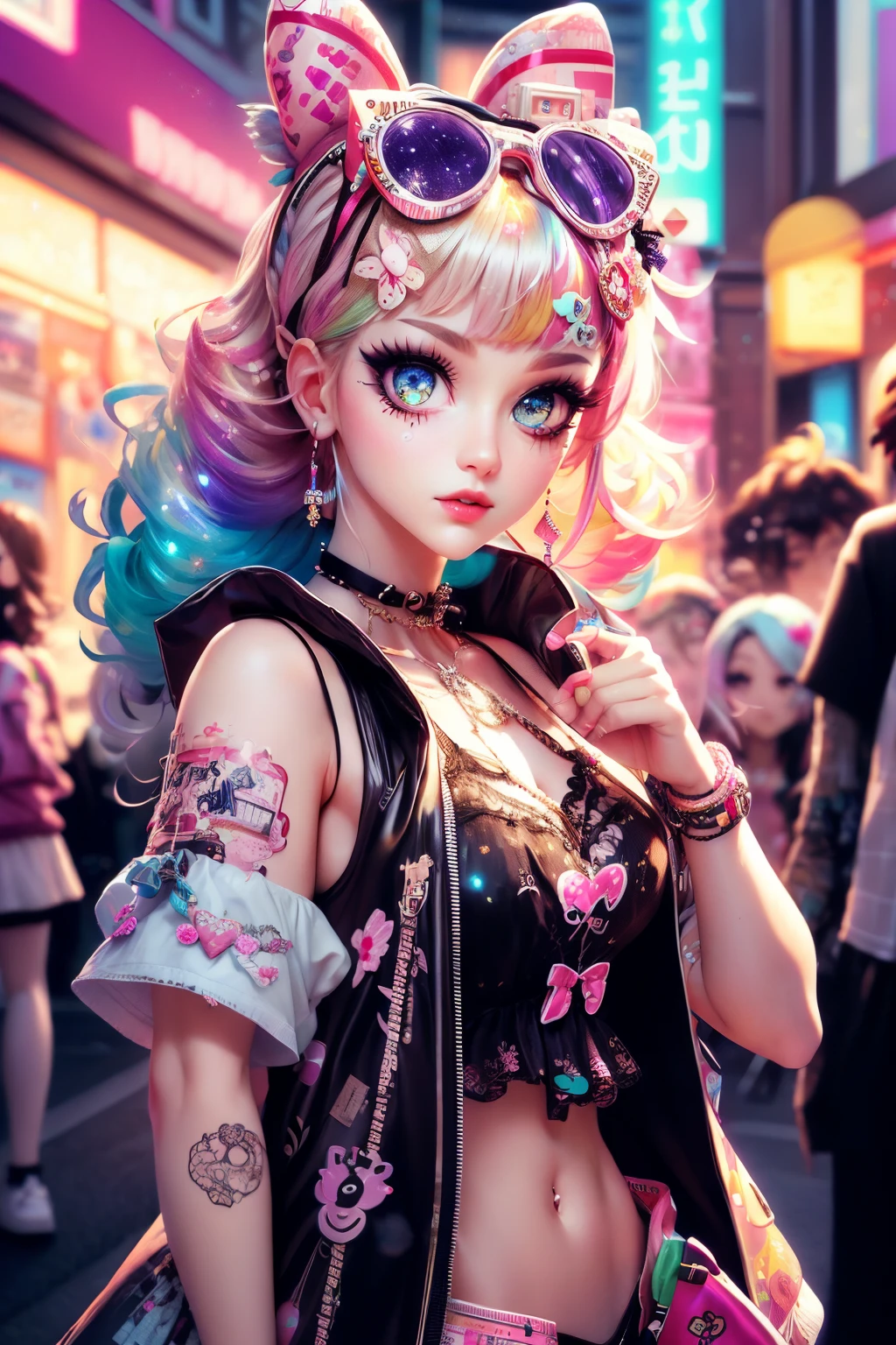 This is a colorful and ornate (masterpiece). Generate a trendy decora woman in the colorful and busy streets of Akihabara, Tokyo. Generate a lovely decora adult woman in the style of Olya Anufrieva on Artstation and Harajuku street fashion. Her clothes are vibrant in the Harajuku style. Include oversized accessories, neon colors, and inventive layering. The woman's clothes and accessories should be highly ornate in the ((((Harajuku decora)))) and decora kei style.  The woman's hair is curly and glossy and styled cutely. The woman's clothes and accessories should be highly ornate in the Harajuku decora and decora kei style. Her eyes are important and stunning, with interesting coloring and patterns. ((Utilize dynamic composition, posing, and lighting to create an unforgettable piece of art.)) ((((iridescence and shimmer)))), glitter, best eyes, best quality, cyberpunk kei, visual kei, selfie, bold colors and patterns, LED lights, ((glowing neon signs)), ((ultra detailed)), dynamic composition, (((decora)))