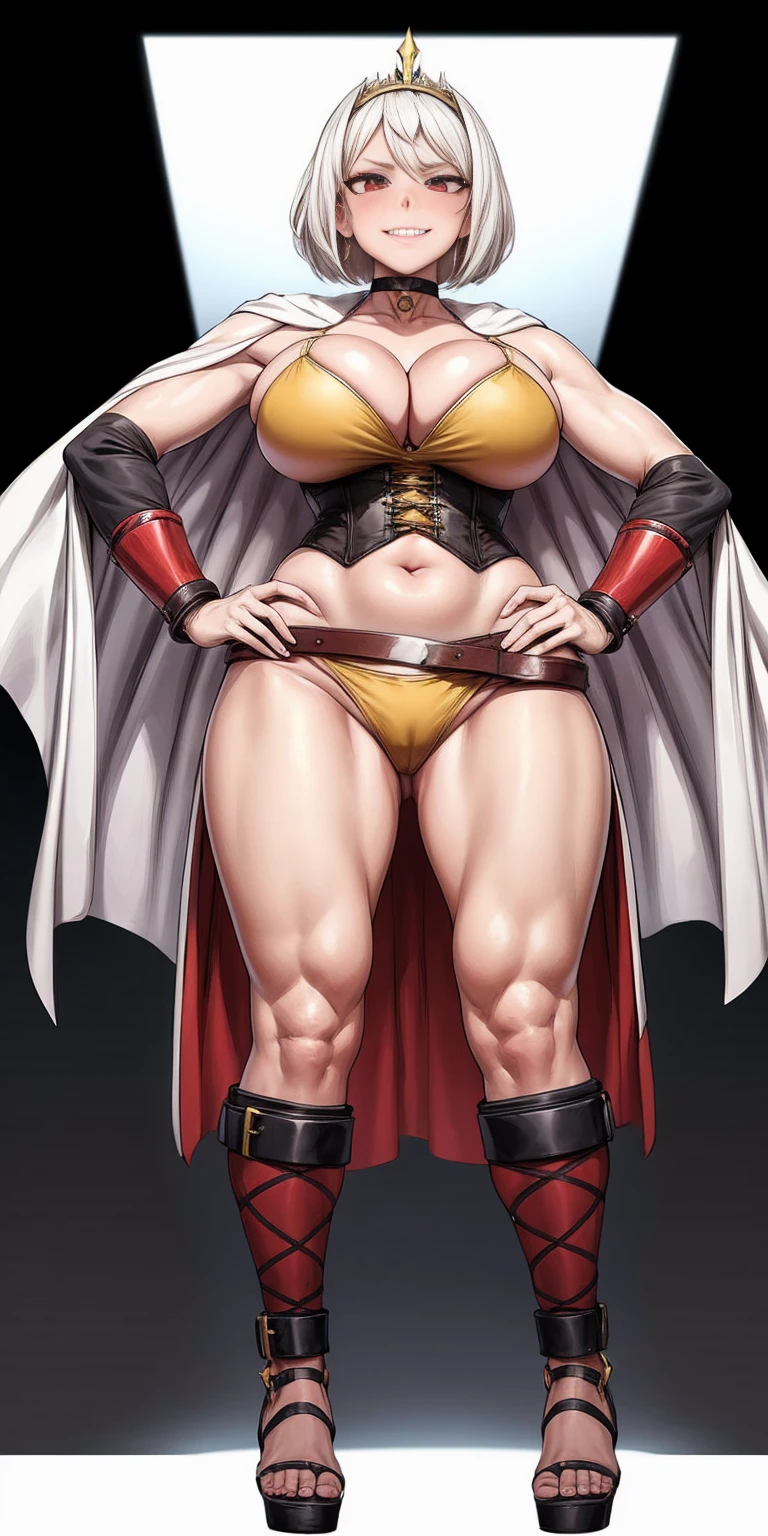 ((BLACK BACKGROUND,1:2, masterpiece)), full body MILF BIMBO standing with two long thighs and two metal sandals, red eyes, silver white hair, short bob style hair, big breasts, cleavage, separate sleeves, tiara royal, long cape up to two feet, yellow bikini, hands on waist, navel, lustful smirking smiling, smile face (red blushed, red cheeks), metal shoulders, gold sleeveless armbands, black leather choker slave collar, shackle bracelets, sex slave red crest, pauldrons, breastplate, corset, eye focus, full body, whole body. 1solo . slave fighter, loincloth standing, hands on hips, metal sandals, backpack, choker, big belt, view from below, feet together, bracers, tiara)