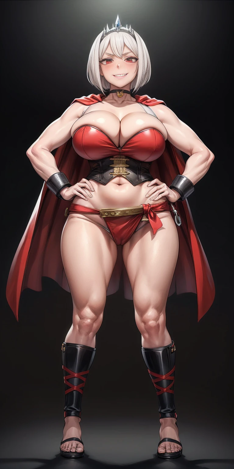 ((BLACK BACKGROUND,1:2, masterpiece)), full body MILF BIMBO standing with two long thighs and two metal sandals, red eyes, silver white hair, short bob style hair, big breasts, cleavage, separate sleeves, tiara royal, long cape up to two feet, yellow bikini, hands on waist, navel, lustful smirking smiling, smile face (red blushed, red cheeks), metal shoulders, gold sleeveless armbands, black leather choker slave collar, shackle bracelets, sex slave red crest, pauldrons, breastplate, corset, eye focus, full body, whole body. 1solo . slave fighter, loincloth standing, hands on hips, metal sandals, backpack, choker, big belt, view from below, feet together, bracers, tiara)