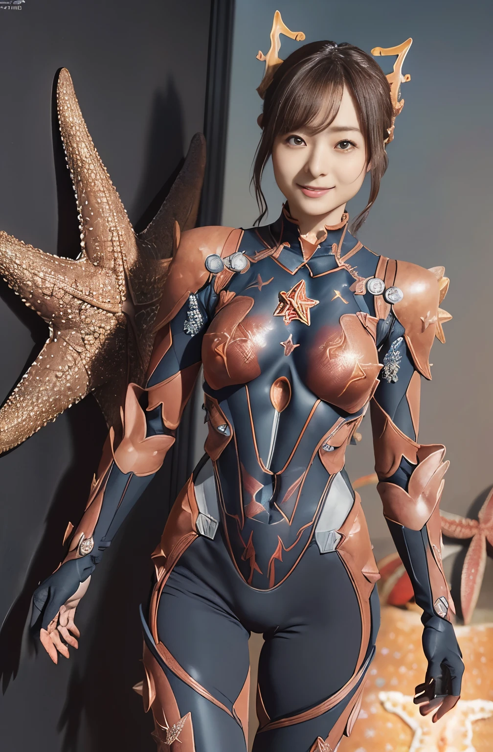 (high resolution,masterpiece,best quality,extremely detailed CG, anime, official art:1.4), realistic, photo, amazing fine details, all intricate, gloss and shiny,awesome many layers, 8k wall paper, 3d, sketch, kawaii, illustration,( solo:1.4), perfect female proportion,villainess, (fusion of starfish and lady:1.4), (starfish form lady:1.2), (queen starfish lady:1.2), (fusion:1.2), (solo:1.4), (evil smile:1.2), muscular, abs, (starfish exoskeleton bio insect suit:1.4), (starfish exoskeleton bio insect armor:1.2), (starfish antennae:1.3),