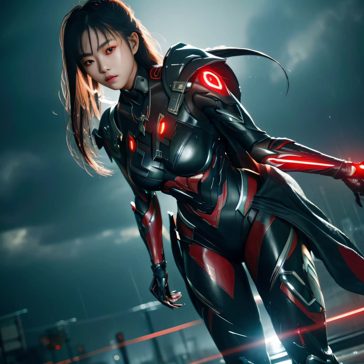 1 Japanese girl, Warframe, Complex patterns, Heavy Metals, Energy Line, The Faceless, Glowing eyes, elegant, intense, Blood red and black, Solitary, Modern, City, street, dark clouds, thunderstorm, Heavy rain,, Dramatic Lighting,, (masterpiece:1.2), best quality, high resolution,   Beautiful and detailed, Extremely detailed, Perfect lighting,