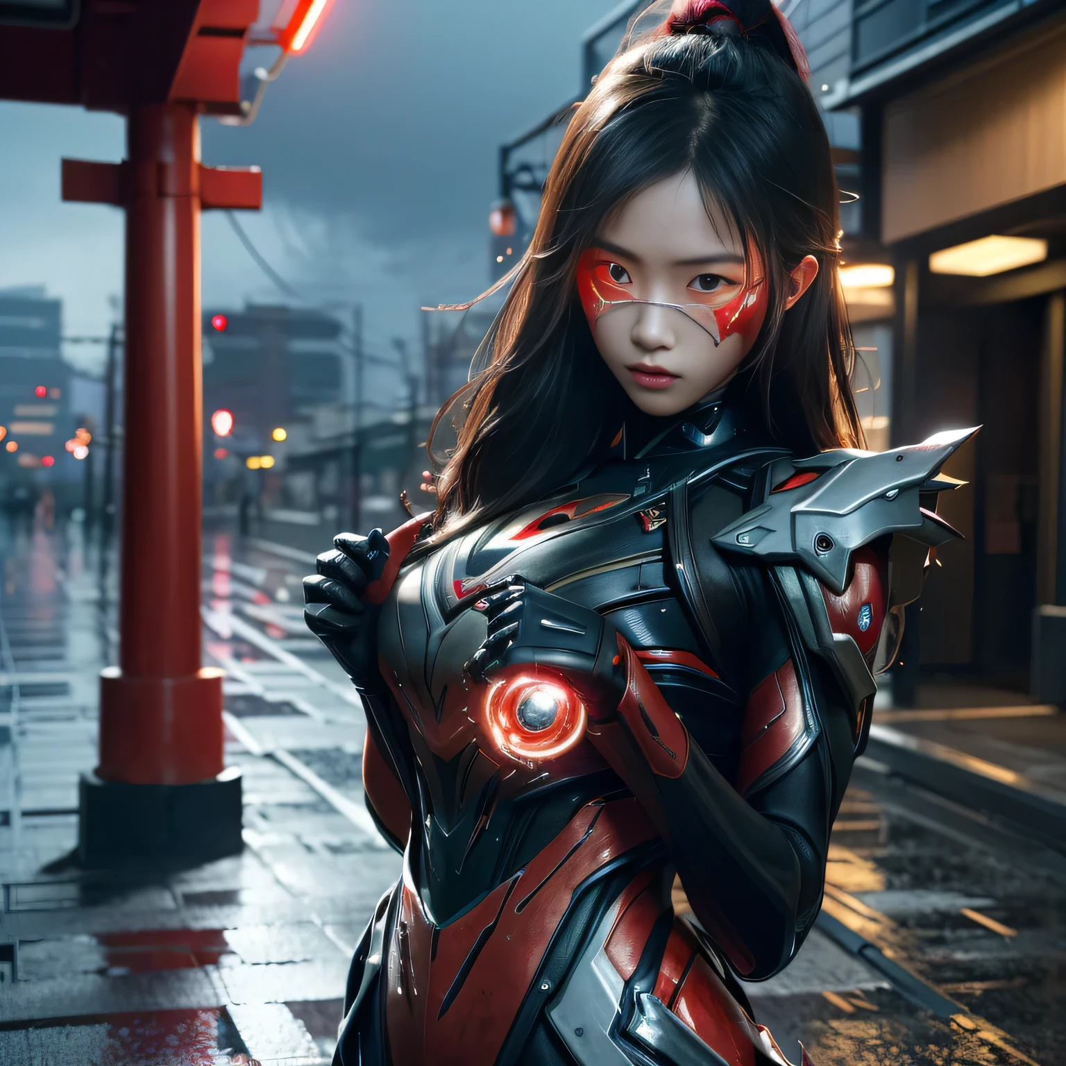 1 Japanese girl, Warframe, Complex patterns, Heavy Metals, Energy Line, The Faceless, Glowing eyes, elegant, intense, Blood red and black, Solitary, Modern, City, street, dark clouds, thunderstorm, Heavy rain,, Dramatic Lighting,, (masterpiece:1.2), best quality, high resolution,   Beautiful and detailed, Extremely detailed, Perfect lighting,