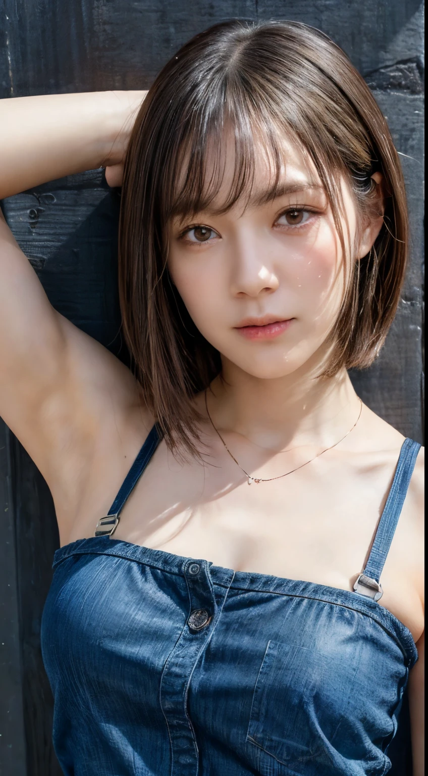 (Ultra HD、Ultra-high resolution、Photorealistic:1.3、8k、Japanese Model、In front of the wall)、Focus on the armpits、Look Viewer、(Extremely realistic skin texture:1.4)、(Realistic:1.3)、short hair、((Embarrassed expression:1.5))、(Blonde:1.3)、40-year-old woman、Mature Woman、ponytail、(Lift your arms and show your armpits:1.4)、((Face close-up:1.52))、(Armpit sweat)、Leaning against the wall、((Shooting from the side:1.05))、necklace、