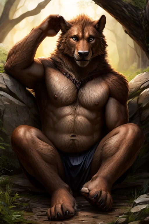 muscular sweaty chubby anthropomorphic wild beast sitting on the floor, cross-legged, one leg up, arms up, smiling. close-up: armpits, sweaty wet feet paws, paw pads, feet claws, wet skin, drops of sweat. photo realistic style, masculinity, wilderness. semi-darkness, soft light, detailed fur