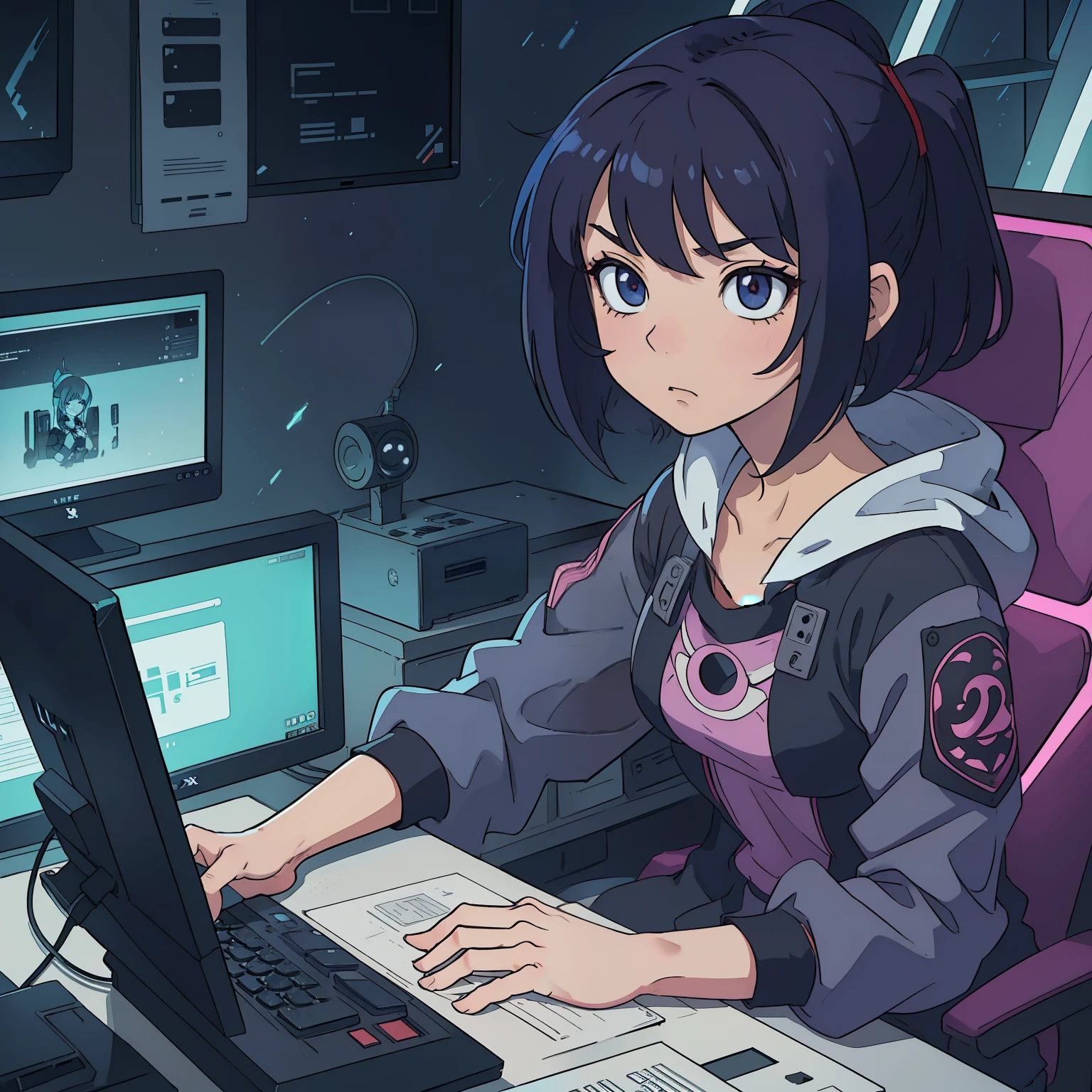 Anime named Yoru, immersed in her digital world as she sits in front of a computer screen, playing Valorant with unwavering focus. Her determined expression is accentuated by the subtle glow of the monitor's light reflecting off her glassy, anime-styled eyes. The intricate details of her expression are brought to life by the vivid colors used in the illustration, as her short, spiky hair stands up in various directions, adding an extra layer of intensity to her demeanor. Her hands hover above the keyboard with sharp focus, poised to strike at a moment's notice. To the side, a classic PlayStation 2 console, with the game Vexx
