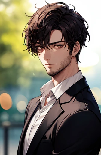 1male, Fully configurable, handsome, Stand alone..., Short black hair, brown Eyes, white shirt, face focus, detailed background, diffused sunlight, Depth of Field, bokeh, detailed eyes, thin beard