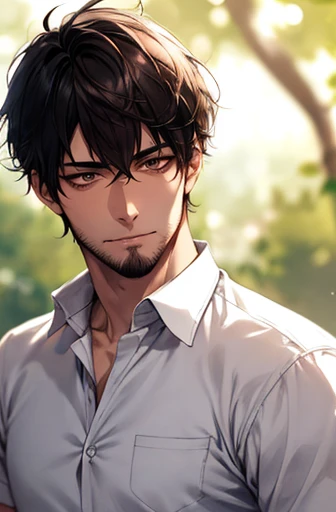 1male, Fully configurable, handsome, Stand alone..., Short black hair, brown Eyes, white shirt, face focus, detailed background, diffused sunlight, Depth of Field, bokeh, detailed eyes, thin beard