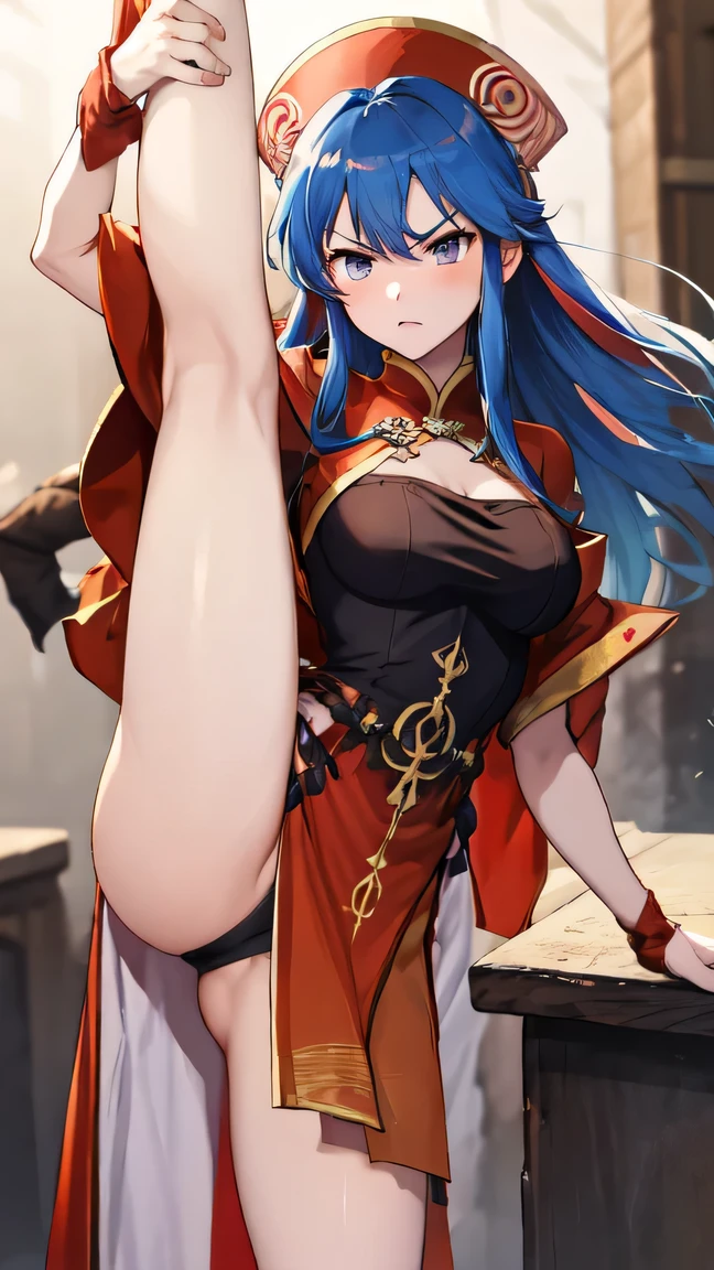 masterpiece, best quality, leg_lilina, {angry}, china dress, standing on one leg, {leg_lift}, 1 girl, {{{standing_split}}}, {high kick}, fire