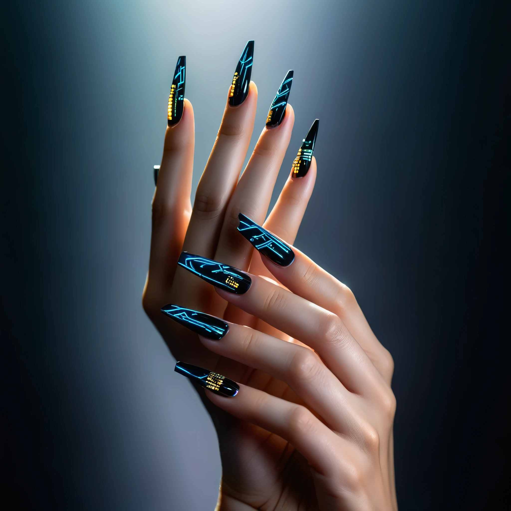(top-quality, 8K, masterpiece:1.3) A close-up photo of cyberpunk-inspired nails art adorned with miniature microchips embedded in metallic accents, against a sleek black background, taken with a macro lens, highly detailed, showcasing the fusion of technology and style in cybernetic nail designs.