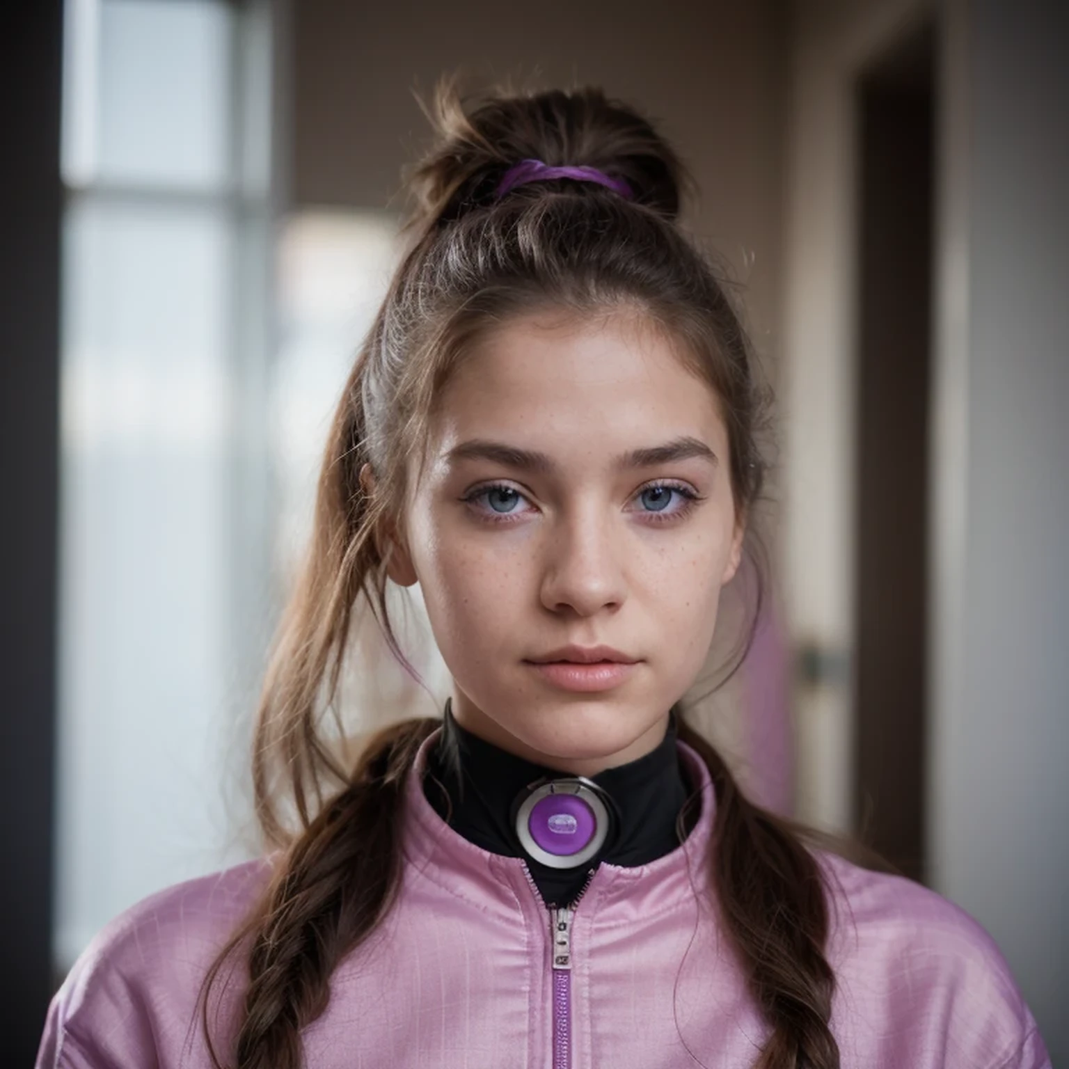 photo of a college student,, in Purple Pink, futuristic linen space suit, (freckles:0.8) cute face, sci-fi, dystopian, detailed eyes, cobalt blue eyes((Side view))