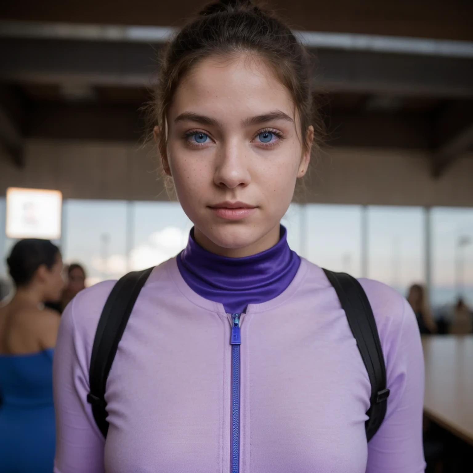 photo of a college student，************, in Purple Pink, futuristic linen space suit, (freckles:0.8) cute face, sci-fi, dystopian, detailed eyes, cobalt blue eyes（（Side view））