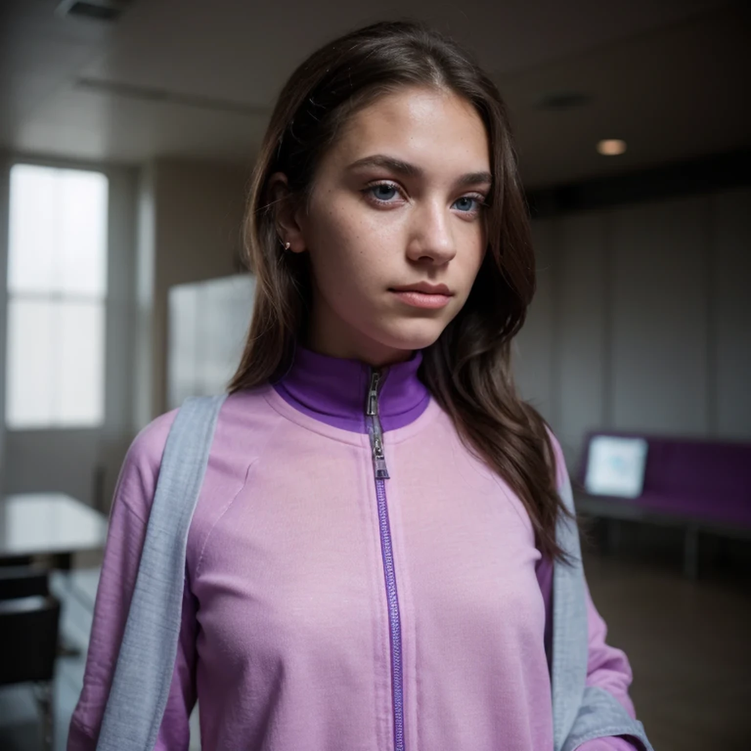 photo of a college student，16 years old, in Purple Pink, futuristic linen space suit, (freckles:0.8) cute face, sci-fi, dystopian, detailed eyes, cobalt blue eyes（（Side view））