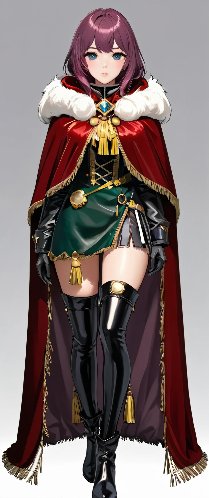 sehele style, full body view, anime, a woman, richly colored velvet cloaks lined inside fur trimming along its edges, thick leather boots, luxurious capes finished off with tassels hanging down near its hemlines, 8k, 4k, Unreal Engine 5, octane render, trending on pixiv, fanbox, skeb, masterpiece, smooth soft skin, big dreamy eyes, beautiful intricate colored hair, anime wide eyes, soft lighting, concept art, digital painting, by Seunghee Lee