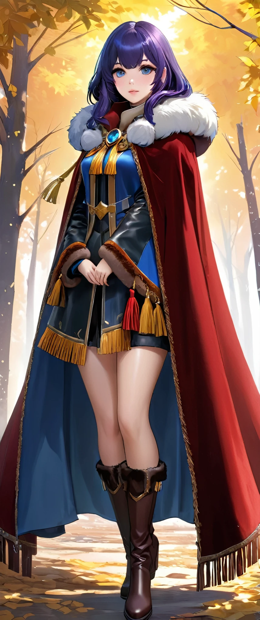 sehele style, full body view, anime, a woman, richly colored velvet cloaks lined inside fur trimming along its edges, thick leather boots, luxurious capes finished off with tassels hanging down near its hemlines, 8k, 4k, Unreal Engine 5, octane render, trending on pixiv, fanbox, skeb, masterpiece, smooth soft skin, big dreamy eyes, beautiful intricate colored hair, anime wide eyes, soft lighting, concept art, digital painting, by Seunghee Lee