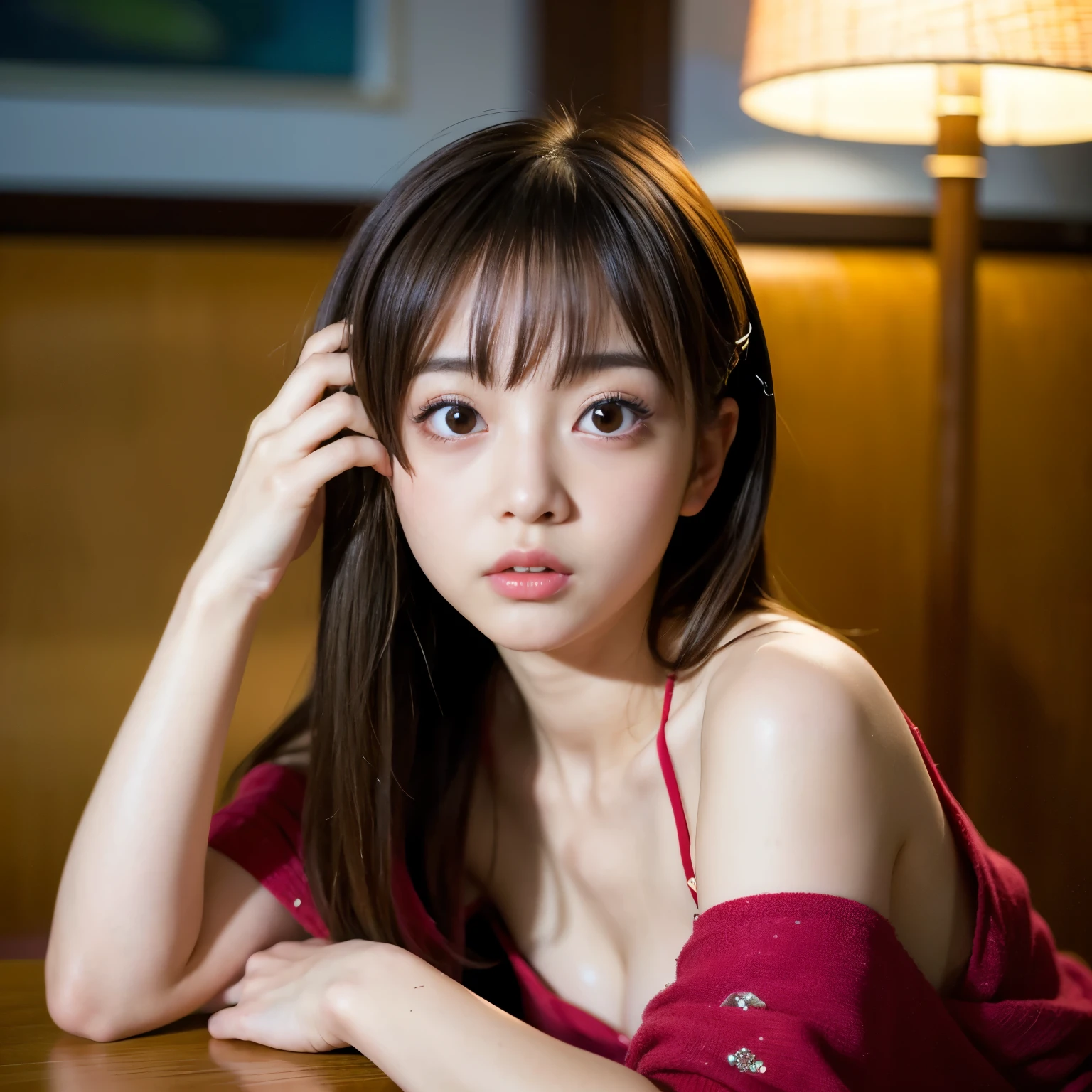 Best-quality, Masterpiece, Ultra-High-Resolution, (Photorealistic:1.4), Raw-Photo, 128K, depth of field, professional lighting, perfect anatomy, extremely details, 1girl, 15-years-old, the most famous Japanese idol, at living room, relaxing on sofa, hands on head, (((drunkenness):1.5)), ((extremely cute face like the most popular Japanese idol, ((extremely cute and extremely big eyes)), extremely beautiful hair)), extremely beautiful skins, extremely cute lips, extremely cute long-eyelashes, looking at viewer