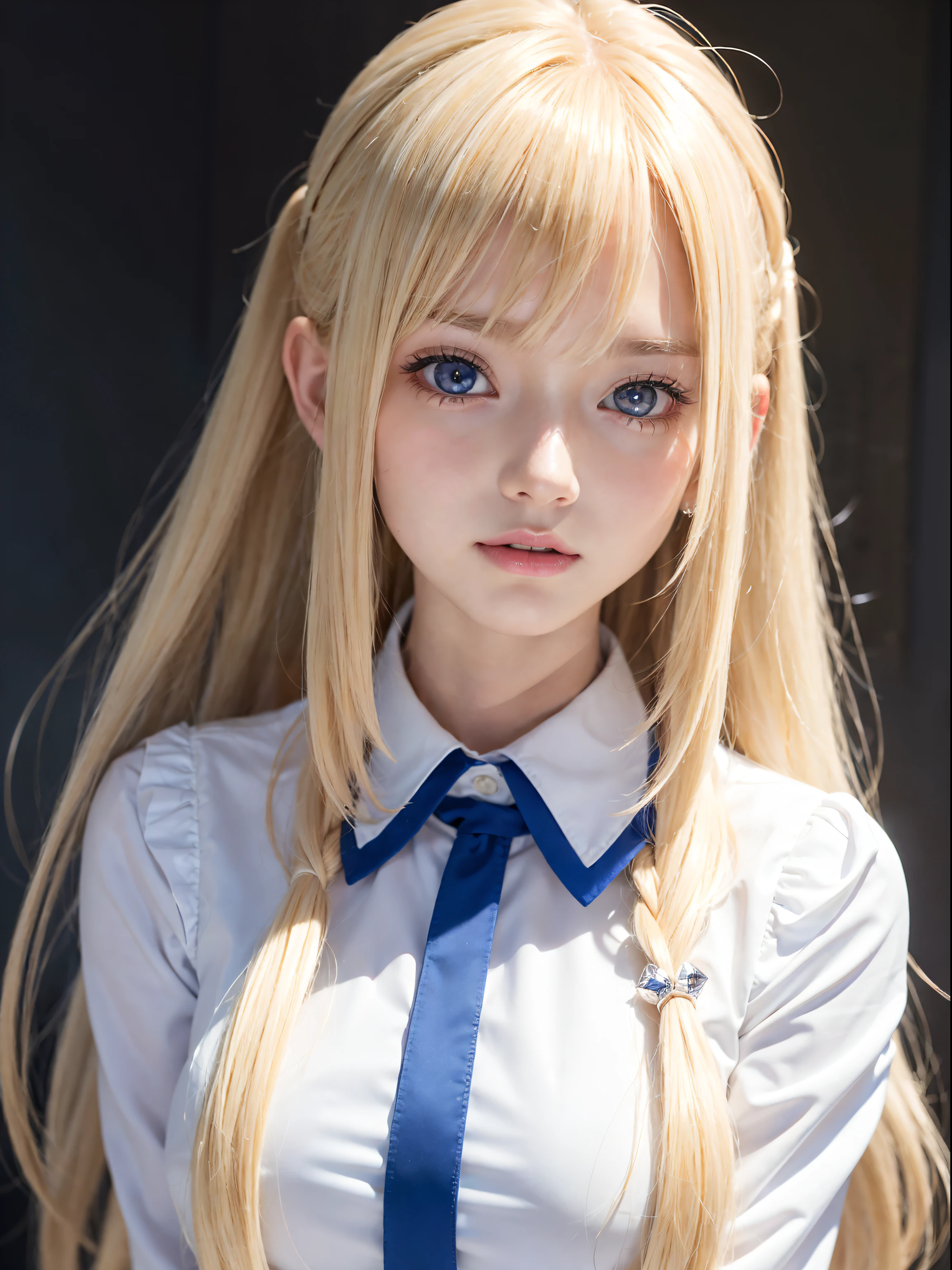 portlate、School Uniforms、bright expression、poneyTail、Young shiny shiny white shiny skin、Best Looks、Blonde reflected light、Blonde hair with dazzling highlights、shiny light hair,、Super long silky straight hair、Beautiful bangs that shine、Glowing crystal clear attractive big blue eyes、Very beautiful nice cute  girl、Lush bust