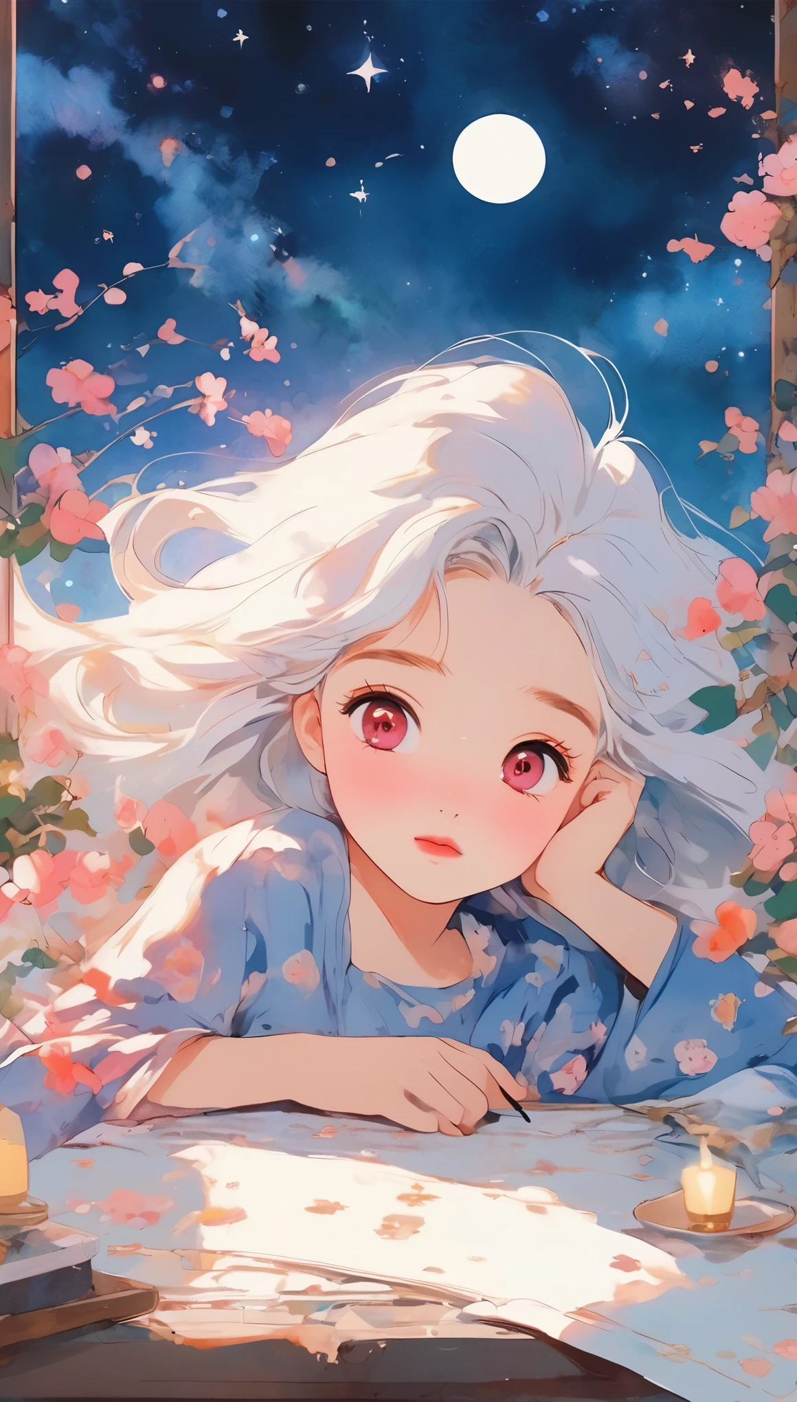 Be a girl with a pink complexion, beautiful eyes (Red Eyes) Deep as the night sky, Half of a sad face lying on the table, white hair, Watching you, There is anime/Semi-realistic art style  