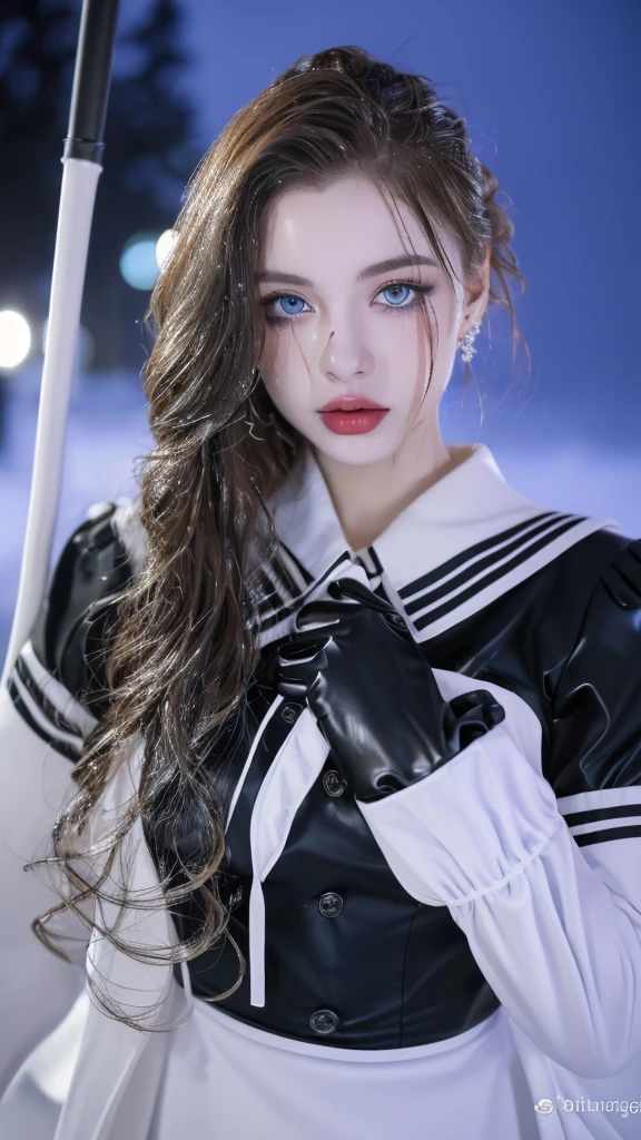 1 miniature Beautiful beautiful woman - Yuan Sayuki, ((top quality, 8K, Masterpiece:1.retty woman, 1 woman, huge breasts:1.3, a slim body:1.1, lush GINGER long hair with 2 buns, (shower, wet body, wet clothes:1.1), very detailed face, detailed lips, detailed eyes, double eyelids, Detailed blue eyes, чрезвычайно Detailed Outstanding Blue Eyes, long GINGER wet hair, GINGER wet hair, Detailed Outstanding Blue Eyes, innocent look at the viewer, very wet wavy white hair, Detailed Outstanding Blue Eyes, huge cross earrings, Outdoors, badges behind, gothic maid uniform,  sexy maid dress, bare chest, huge chest tattoo, detailed huge catholic cross earrings, chest tattoo, Outside, wear a silver cross (Detailed cross shape), reality mode, wet breasts, black necklace, human crowd behind, black latex gloves, hair of white snowy colour, night time, red neon lights, demonic nun, nimbus (golden lighting ring above her head), angel, snowy weather, sexy pose, white lingerie, black maid dress, detailed flower wreath made of different colours, open chest