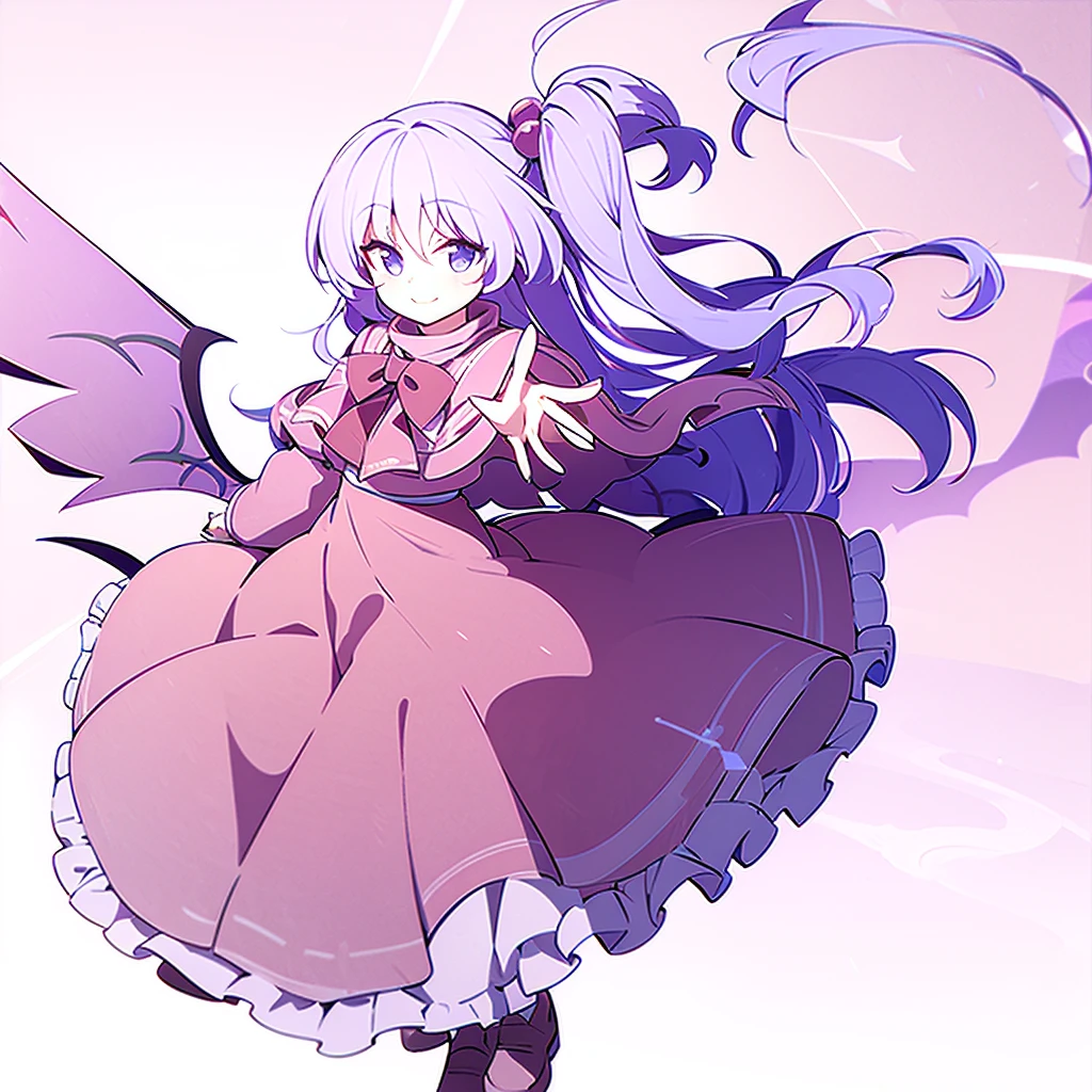 a digital drawing of a fairy looking girl wearing a pink dress with blue hair, masterpiece, best quality, shinki (touhou), 1girl, solo, , one side up, hair ornament, hair bobbles, long hair, side ponytail, blue hair, blue eyes, smile, bangs, red dress, pink sweater, Turtleneck Sweater, long sleeves, capelet, long maxi-skirt, very long skirt, wrap skirt, loafers, wings, multiple wings, purple wings, six purple wings red markings, white hair, long white hair, and wears red robes, Shinki \(touhou\), black bowtie, looking at viewer, white background, simple background