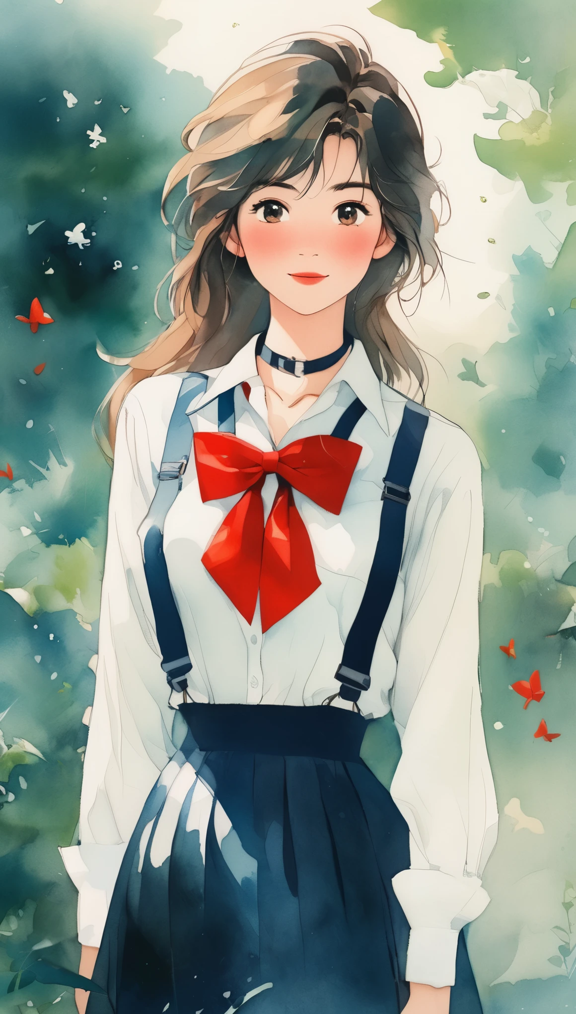 1 Girl, Solitary, Small Breasts, suspender skirt, White shirt, Red bow tie, Happy