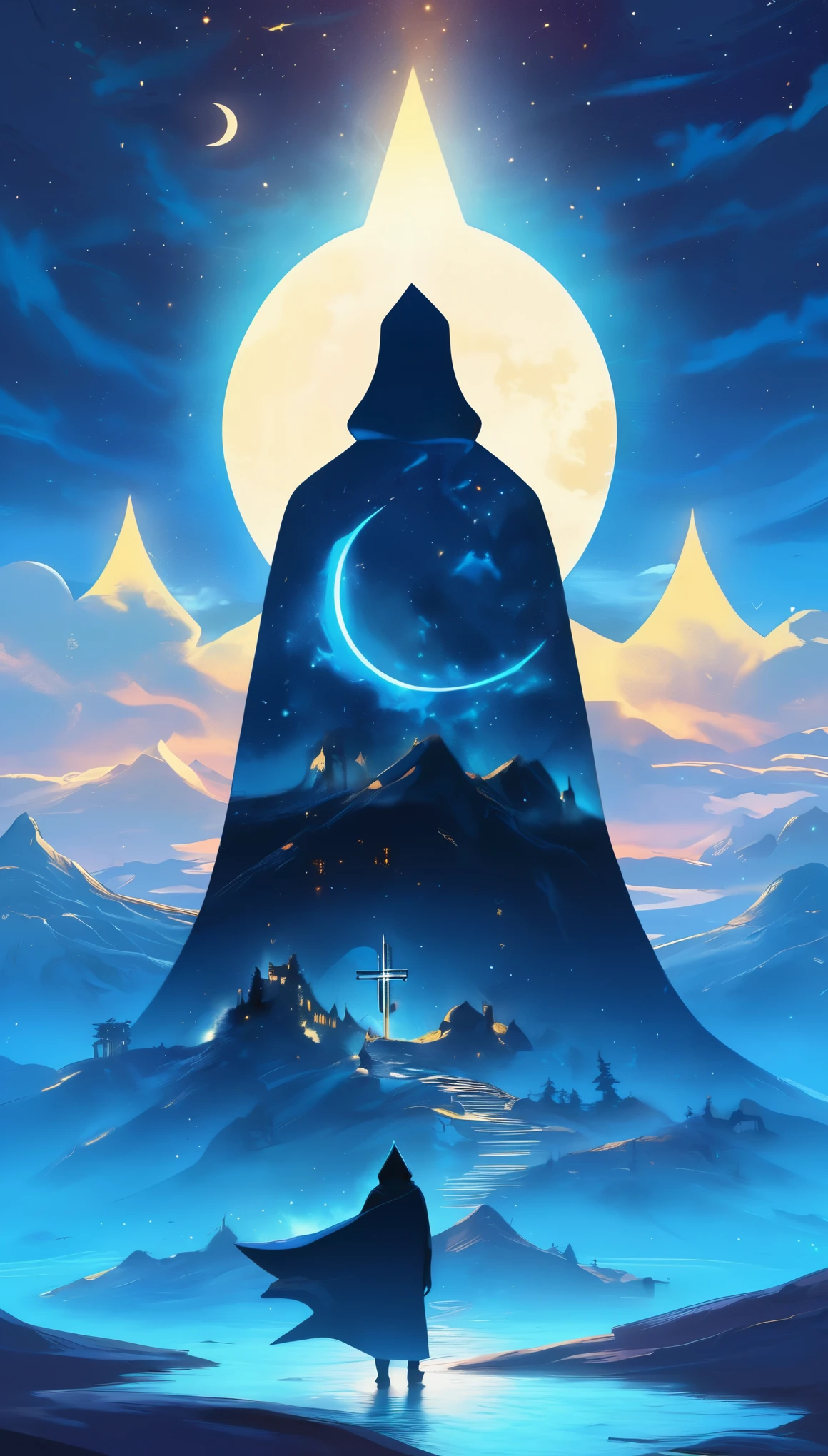 Surreal landscape under moonlight, Features a hooded silhouette and faceless features. Glowing glyphs and symbols enhance the silhouette, This is emphasized by the character&#39;s large hood and long claws.