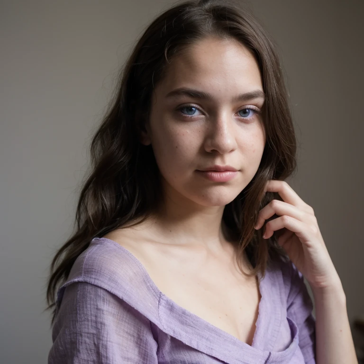 photo of a college student,13 years old, in Purple Pink, Linen coarse cloth, (freckles:0.8) Blush,cute face, sci-fi, dystopian, detailed eyes, cobalt blue eyes((Side view))Shy