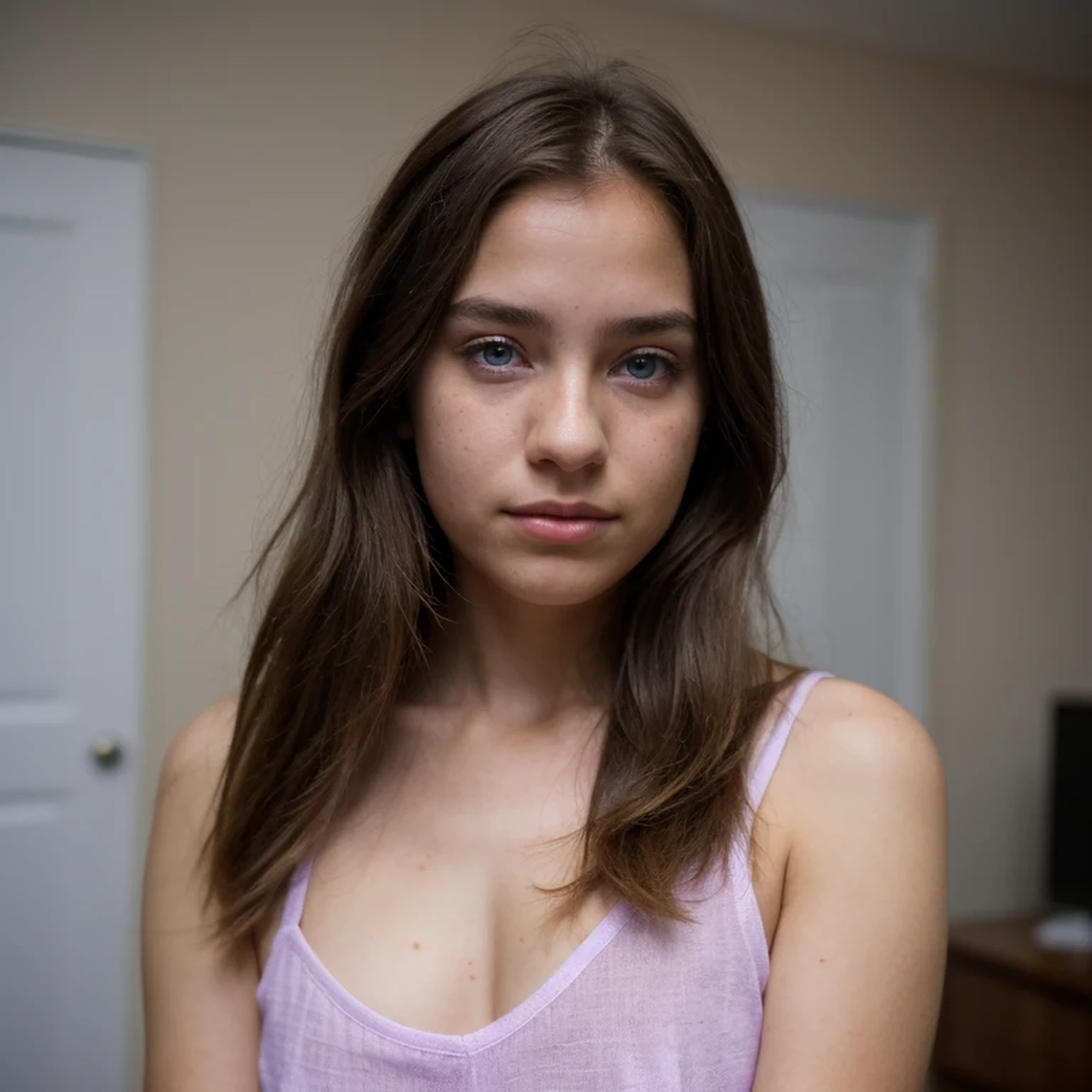 photo of a college student，13 years old, in Purple Pink, Linen coarse cloth, (freckles:0.8) Blush，cute face, sci-fi, dystopian, detailed eyes, cobalt blue eyes（（Side view））Shy