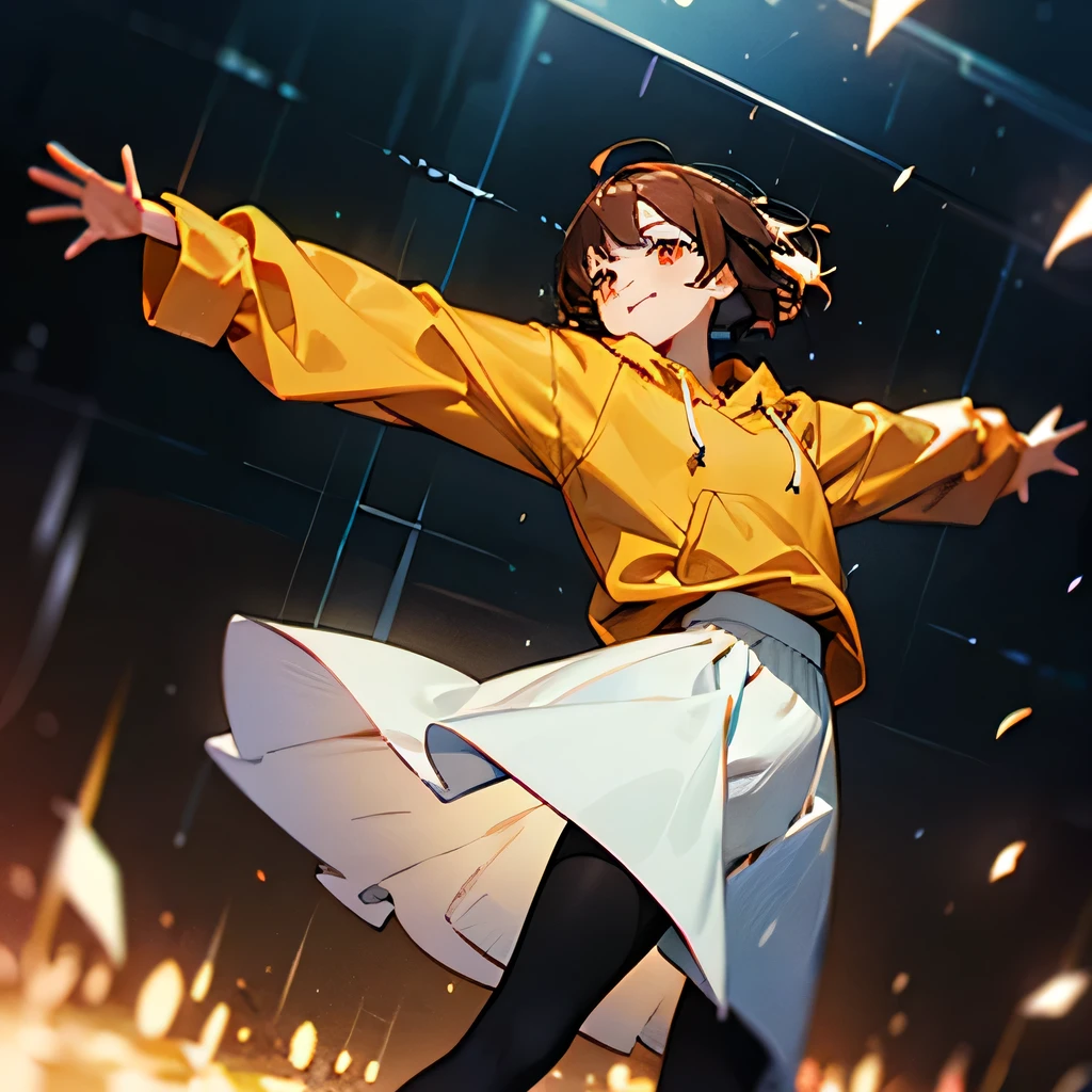 Stand low and stretch your arms out、Floating smiling woman,Orange eyes,Brown medium hair,Rain Falling from Below(Oversized off-white hoodie,Long skirt and black tights)