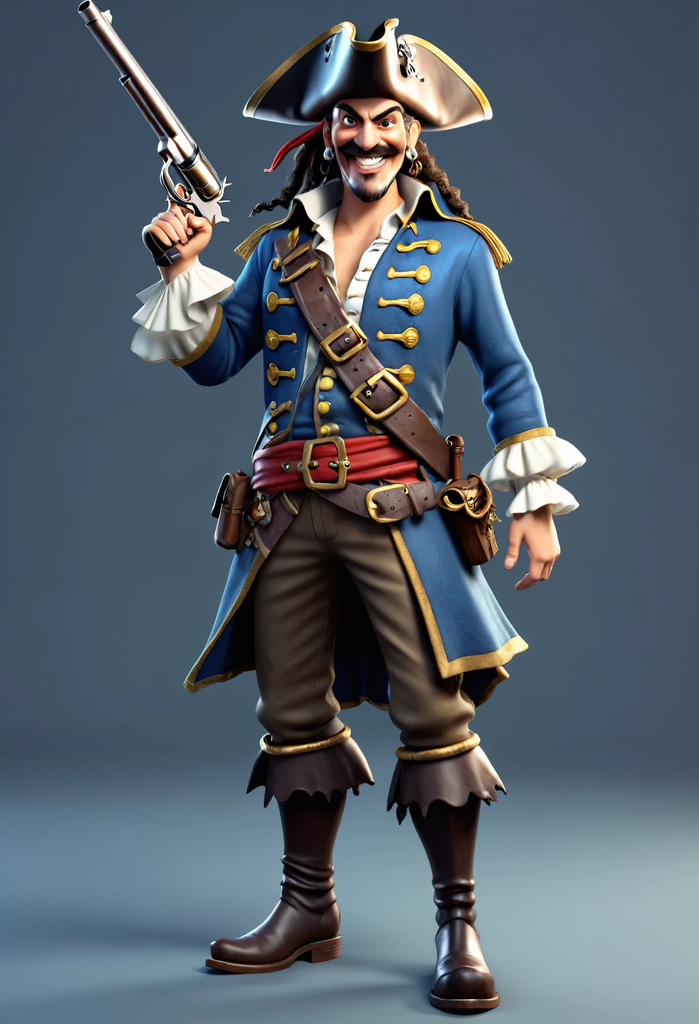 Full body portrait of a cartoon character man, pirate captain with a fierce smile and a flintlock pistol in his hand, 3d rendering,