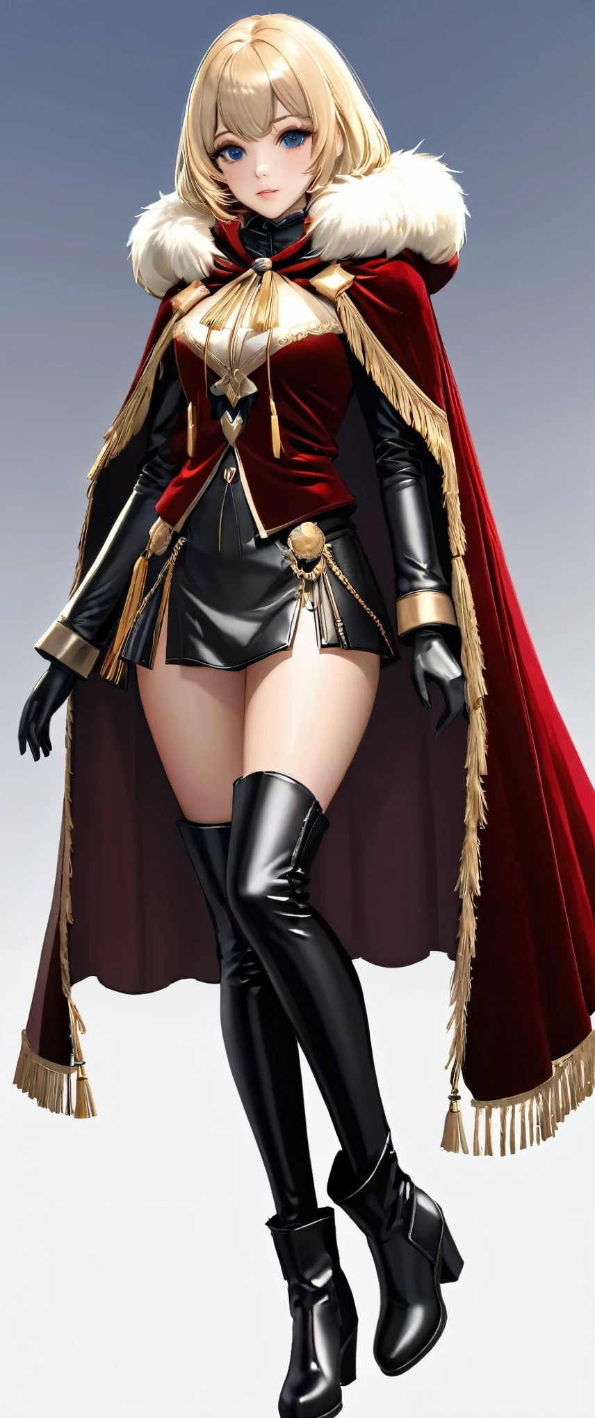 sehele style, full body view, anime, a woman, richly colored velvet cloaks lined inside fur trimming along its edges, thick leather boots, luxurious capes finished off with tassels hanging down near its hemlines, 8k, 4k, Unreal Engine 5, octane render, trending on pixiv, fanbox, skeb, masterpiece, smooth soft skin, big dreamy eyes, beautiful intricate colored hair, anime wide eyes, soft lighting, concept art, digital painting, by Seunghee Lee