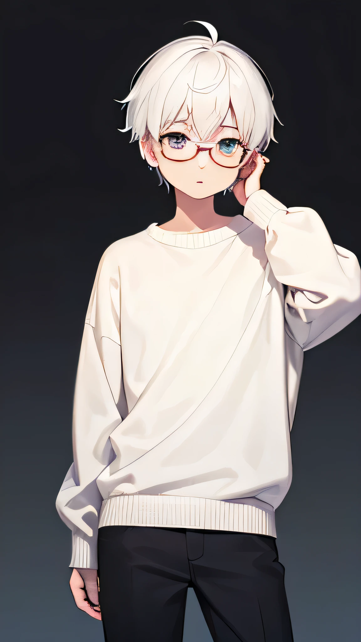 A boy with white hair and a white sweater He has glasses on his head and stands straight.