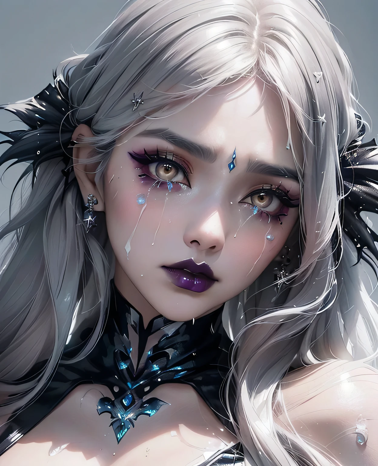 Aarav woman with a teary face and messy hair., crying makeup, spilled makeup, shiny and dripping, Inspired by Taro Yamamoto, Gothic makeupฟอง, Wet makes -- up., fashion model crying, Gothic makeup, Put on heavy makeup, looks scary, Tears streamed down my face., shiny eyes, Inspired by Elsa Belda