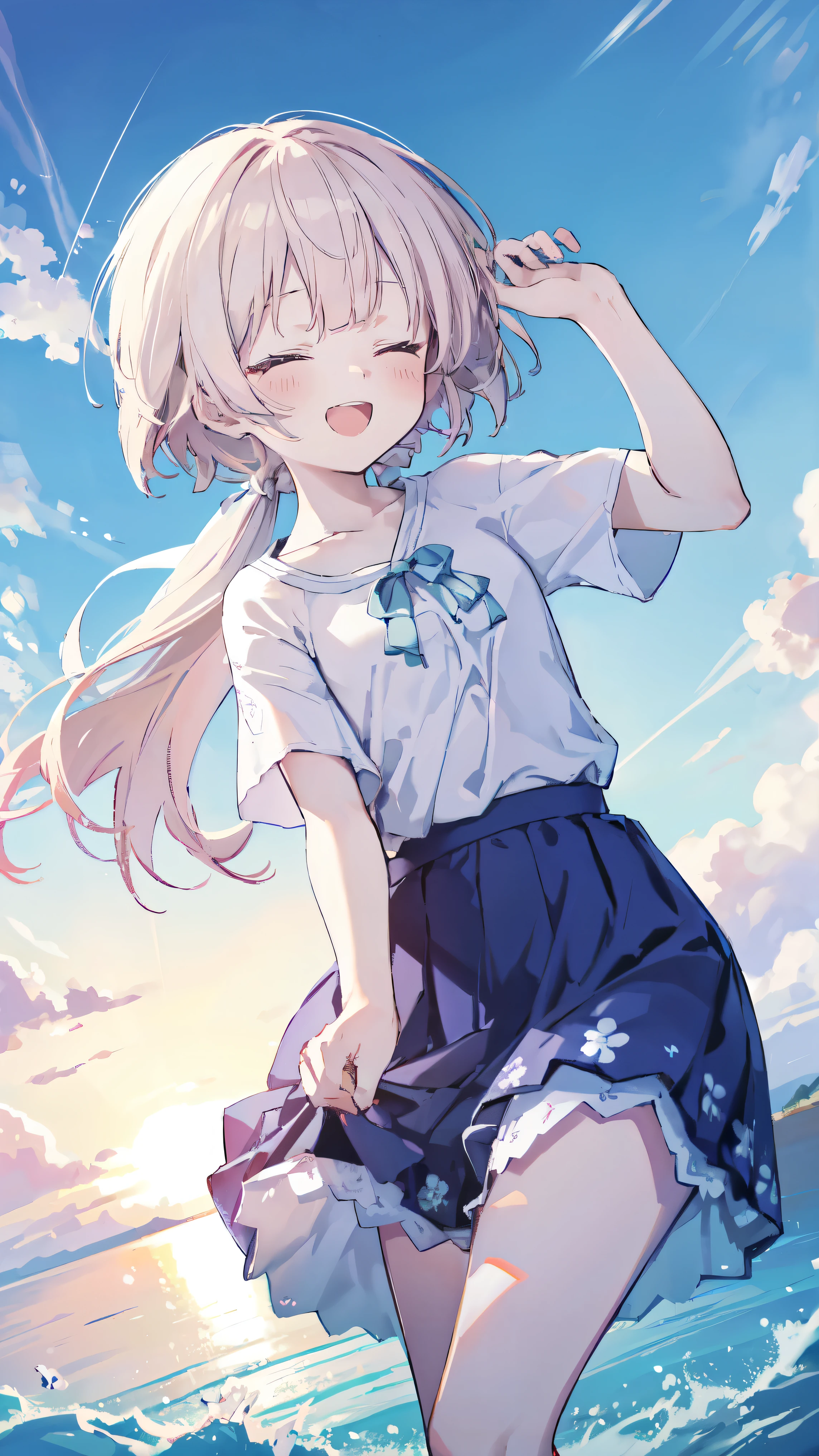 highest quality、Masterpiece、Ultra-high resolution、8k、Summer sky、early summer、((Lori))、(((Petite)))、Dynamic pose、Look this way、Eyes closed, open mouth smile、((Short sleeve、Short skirt))、1 person、Soft line art、Soft drawing、Beautiful Hair