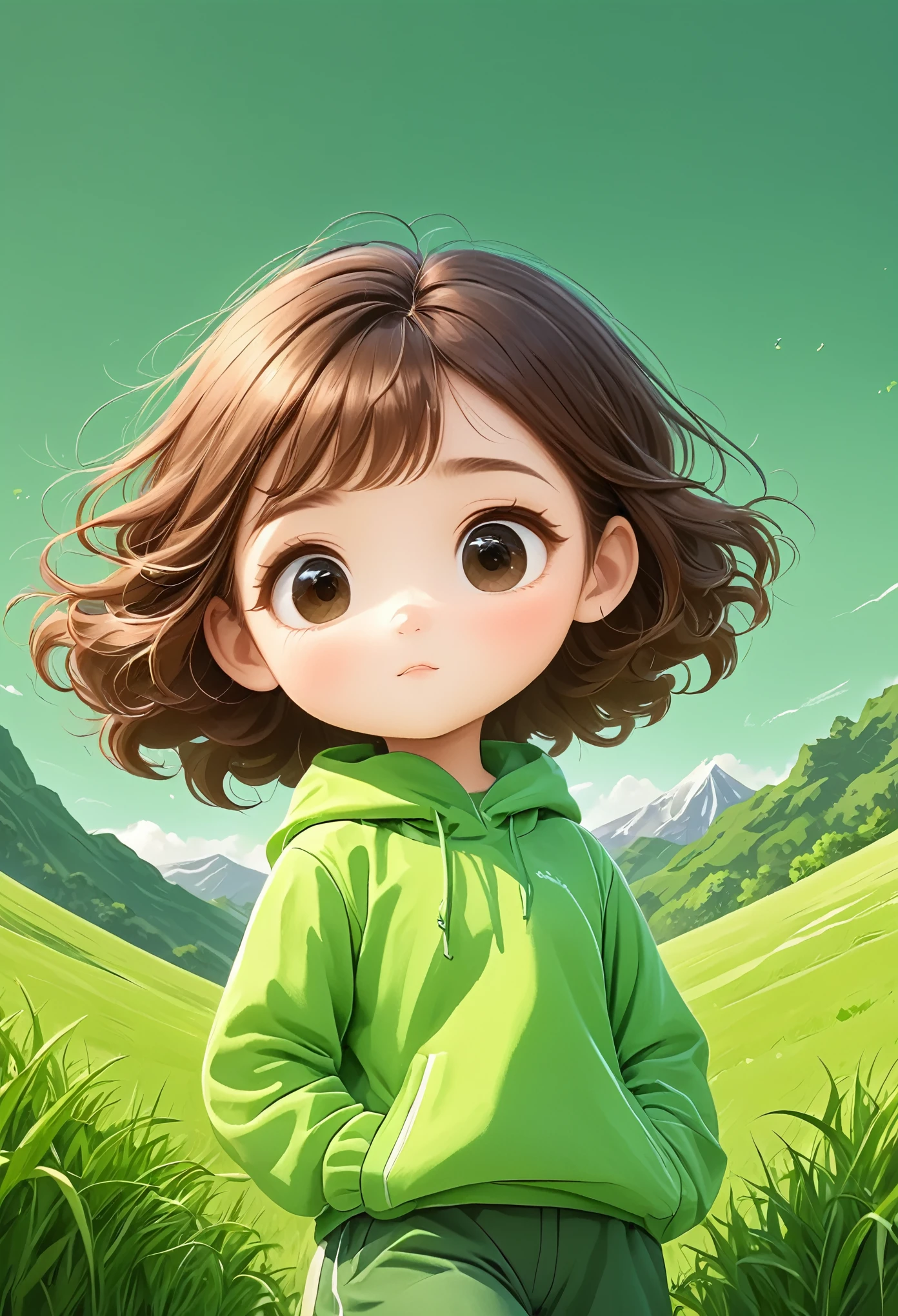 Rough texture，Hand-drawn style，Grass图：1 Girl,Fundo verde claro,Brown hair,blackboard,Double the goodness,slope,slope background,Grass,Green background,Green Theme