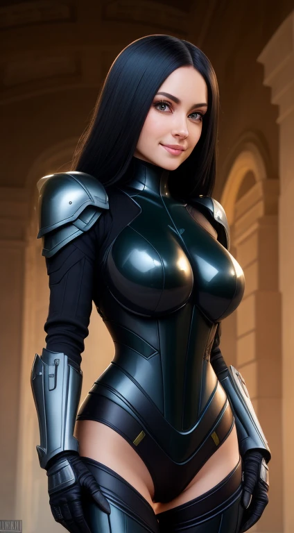 Trilla,green eyes,black hair, armor,black gloves,tight bodysuit, standing,upper body,from below, serious,cleavage,smile, facility,night,science fiction, (insanely detailed, beautiful detailed face,beautiful detailed eyes, masterpiece, best quality),
