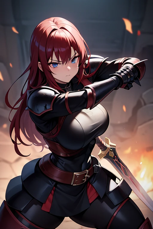 red hair, anime girl, blue eyes, knight, black armor, carrying sword, strong, muscular, thick thighs, big butt, big breasts, fighting stance, inside a dungeon, serious look, dark environment, spooky, anime style, high definition, RTX, unreal engine