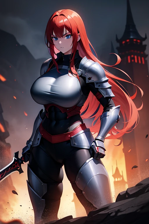 red hair, anime girl, blue eyes, knight, black armor, carrying sword, strong, muscular, thick thighs, big butt, big breasts, fighting stance, inside a dungeon, serious look, dark environment, spooky, anime style, high definition, RTX, unreal engine