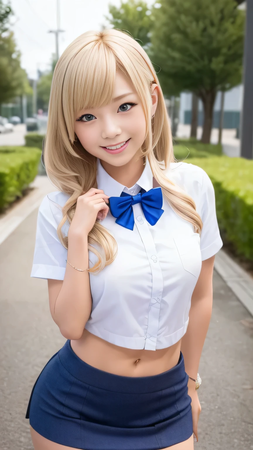Browsing Caution、8k,highest quality, masterpiece, Very detailed, Ultra-high resolution, Realistic, RAW Photos, , Absolute Resolution, Complete limbs、Complete Anatomy、Perfect beautiful skin、pretty girl1人,Cute girl 、、(smile:1.2)、Gal、、(Short sleeve white collar shirt:1.1)、bow tie 、、(Micro Mini Skirt:1.2)、、Accentuate your thighs、、、(blonde:1.2)、、、pretty girl、 , Realistic young gravure idol, Japanese Girls、、alone、(Midsummer schoolyard:1.2)、