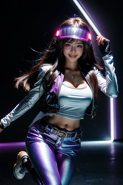 beautiful girl, 30 years old, long brown hair, holographic helmet, purple jacket drape, neon lights, white t-shirt, black pants, leather belt, big breasts, cleavage, hands behind head, jumping high, angle from under, futuristic background, neon lights, soft lights, thigh gap, firm butt, fair skin, one eye wink, smiling at viewer, young beauty spirit
