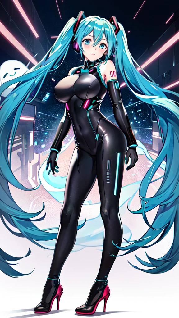 Hatsune Miku Vocaloid, Twin Tails, Light Blue Eyes, Light Blue Hair, Pichi Pichi Bodysuit, Cyber punk, Ghost in the Shell, Ultimate Physical Beauty, Beautiful Eyes, embarrassed look , high heels, ((Big Breasts)), 8K CG, Top Quality, Best Image Quality,